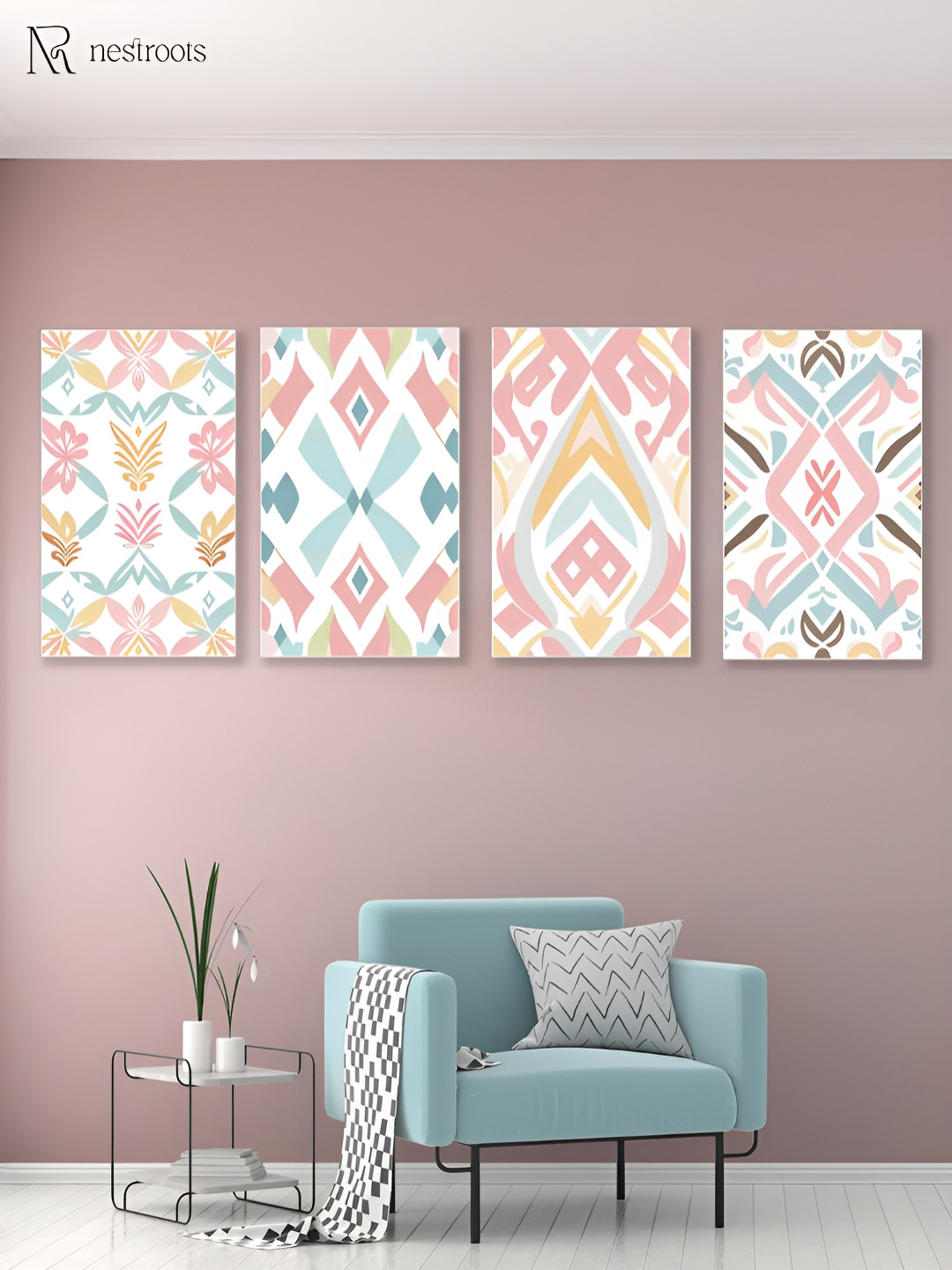 nestroots Vibrant Colorful White & Blue 4 Pieces Printed Canvas Wall Art