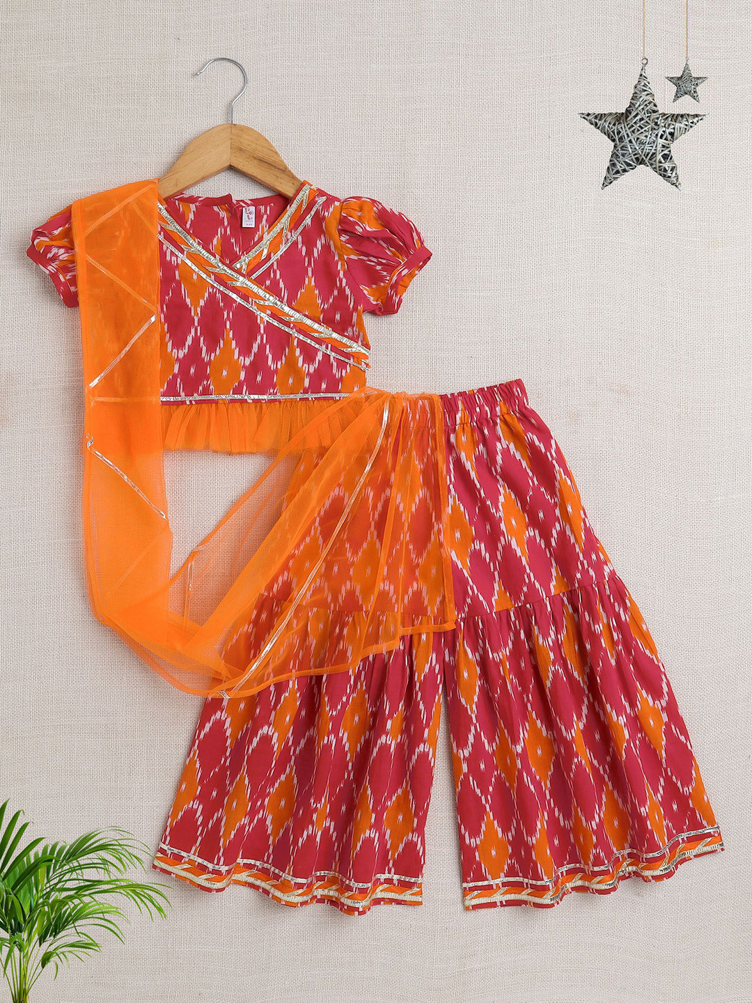 The Magic Wand Girls Bandhani Printed Pure Cotton Kurti with Palazzos & With Dupatta
