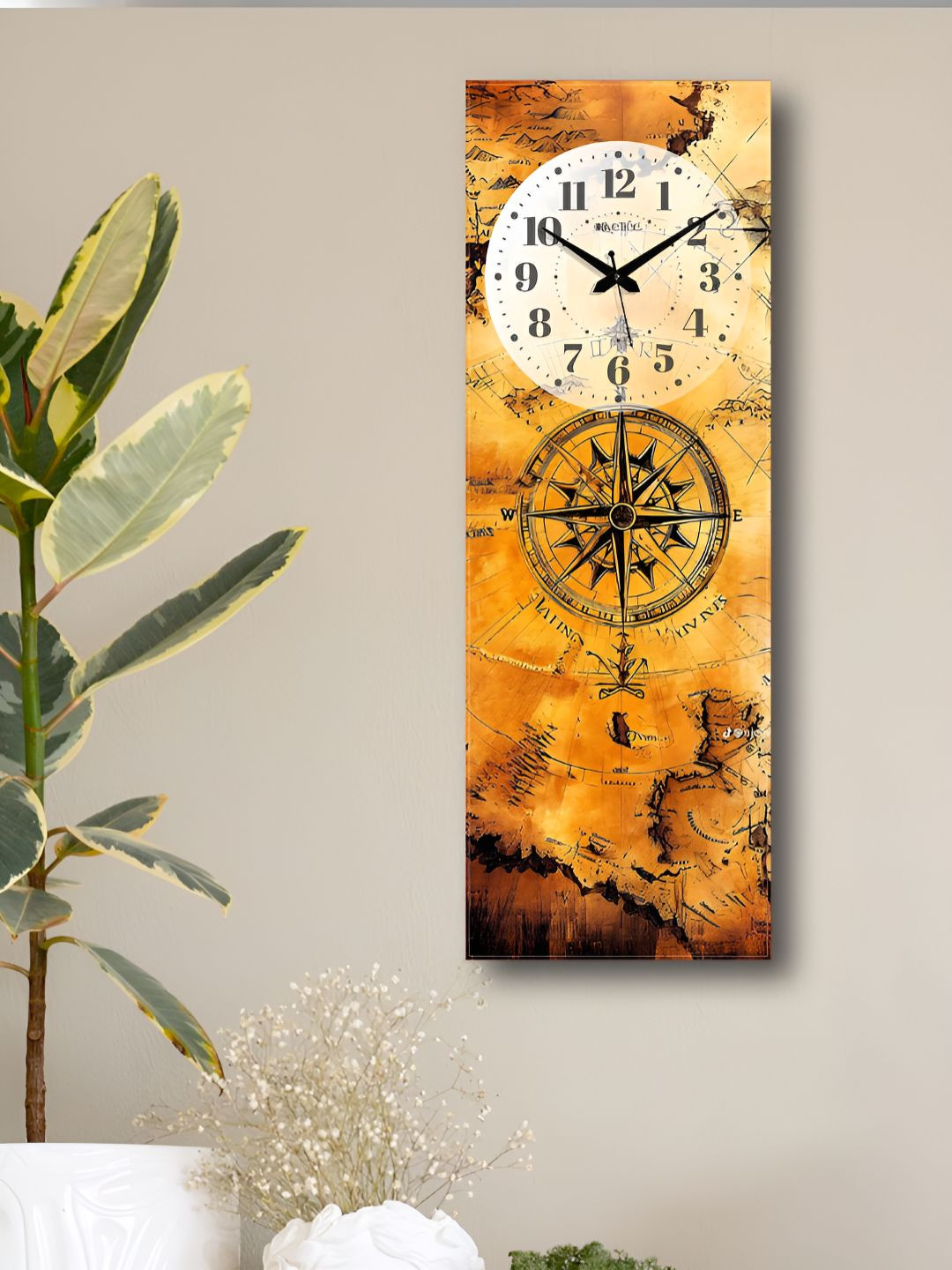 OLIVE TREE Mustard and Printed Wooden Contemporary Analogue Wall Clock