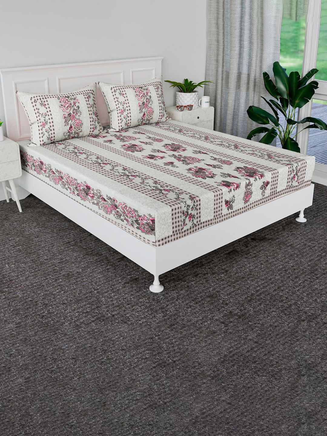Kuber Industries Green Floral Cotton Wrinkle Free 160 TC King Bedsheet with 2 Pillow Covers-272 x 255 x 100 cm