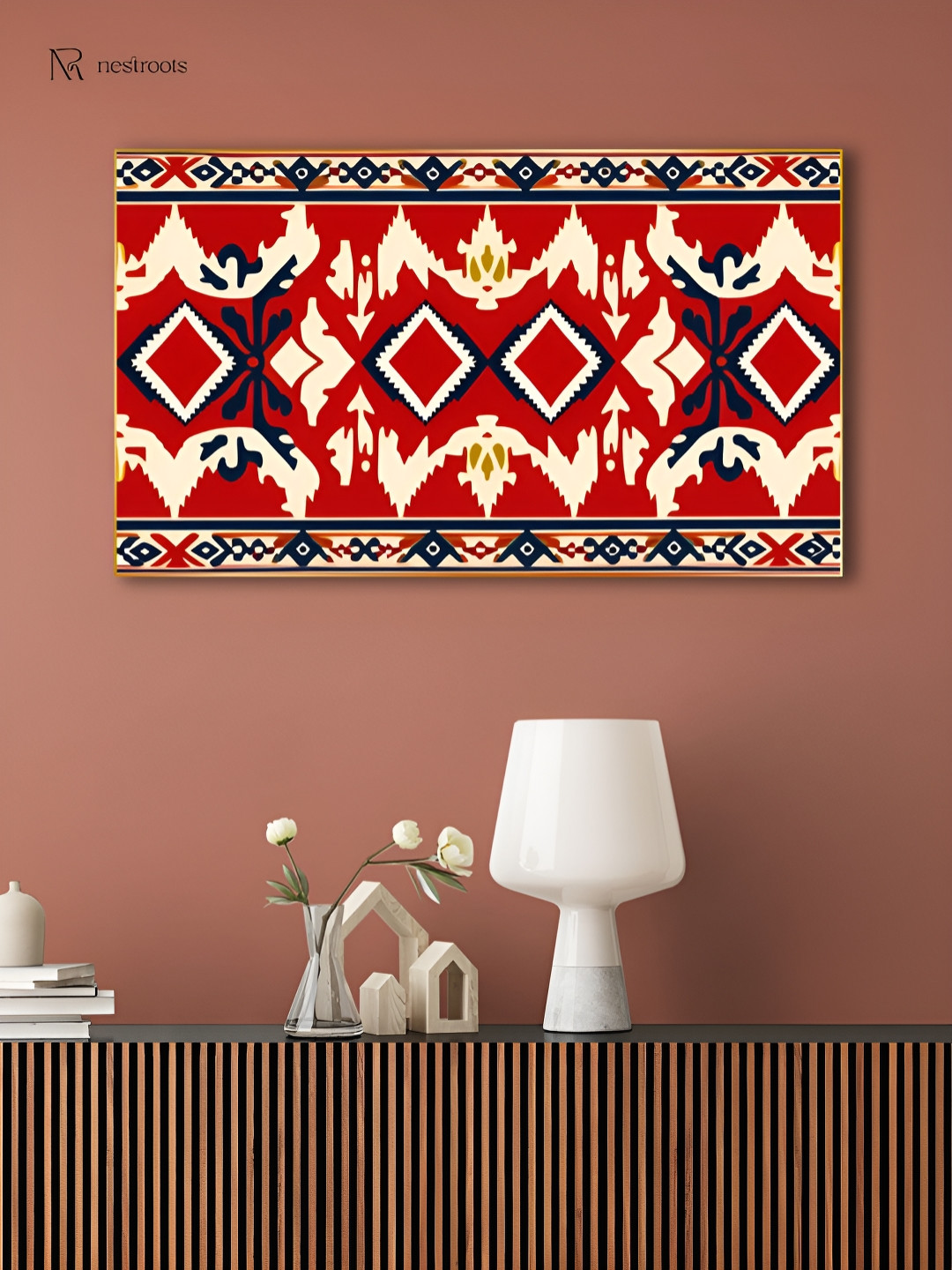 nestroots Elegant Red & Beige Canvas Ikat Paintings Wall Arts