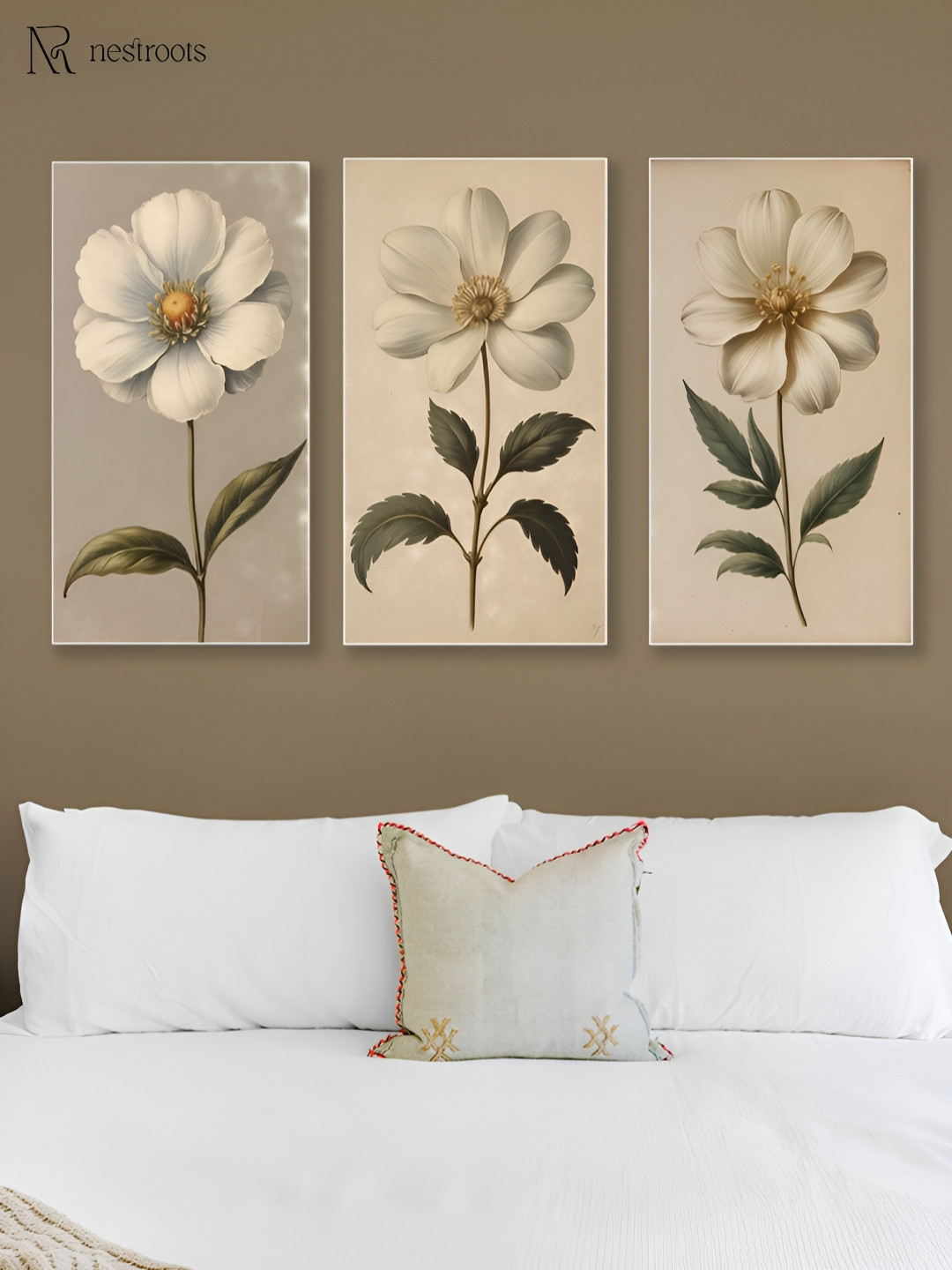 nestroots Cream & Green 3 Pieces Flower Printed Canvas Wall Art