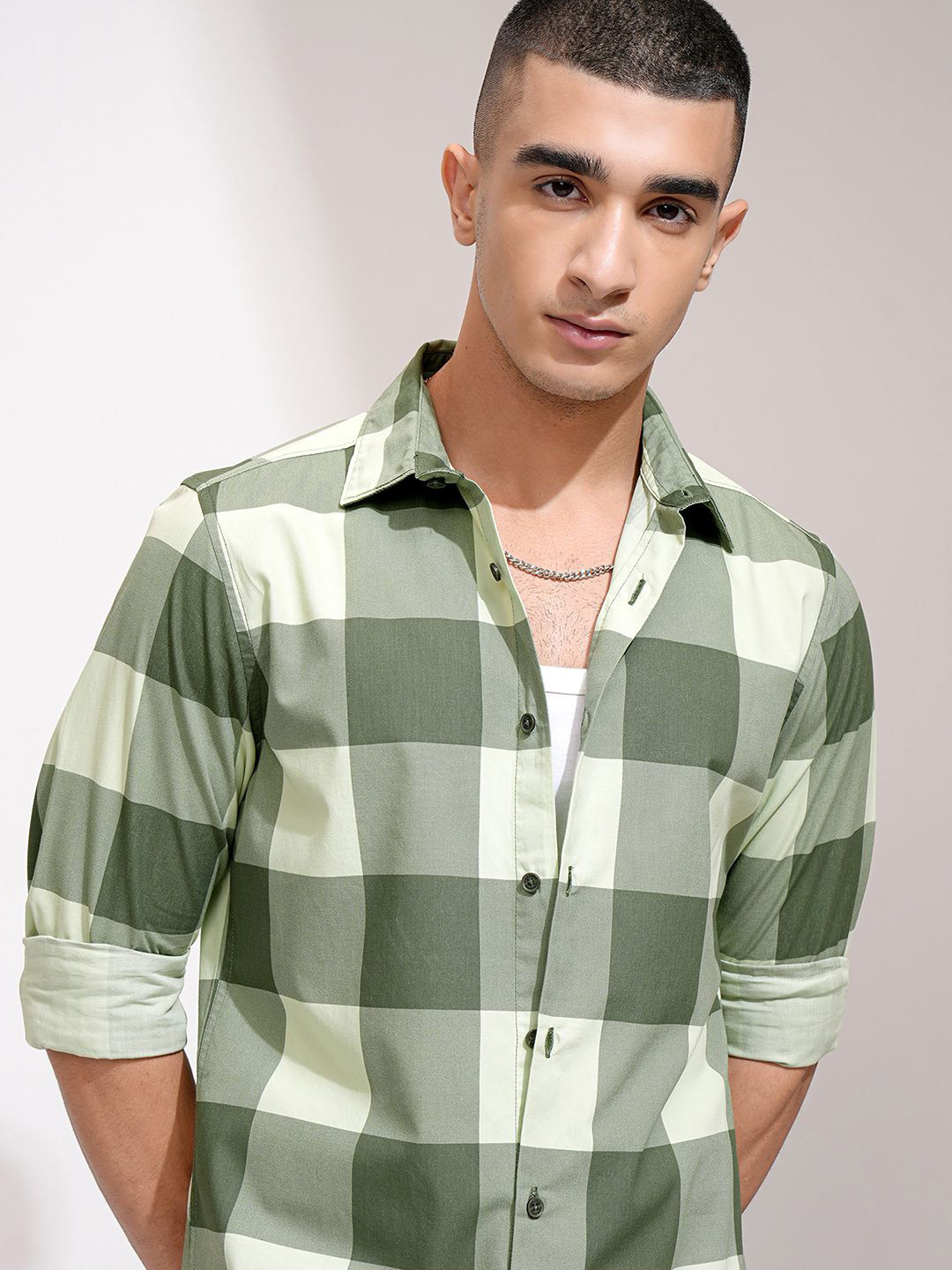 Highlander Men Mint Olive Printed Checked Regular Fit Casual Shirt