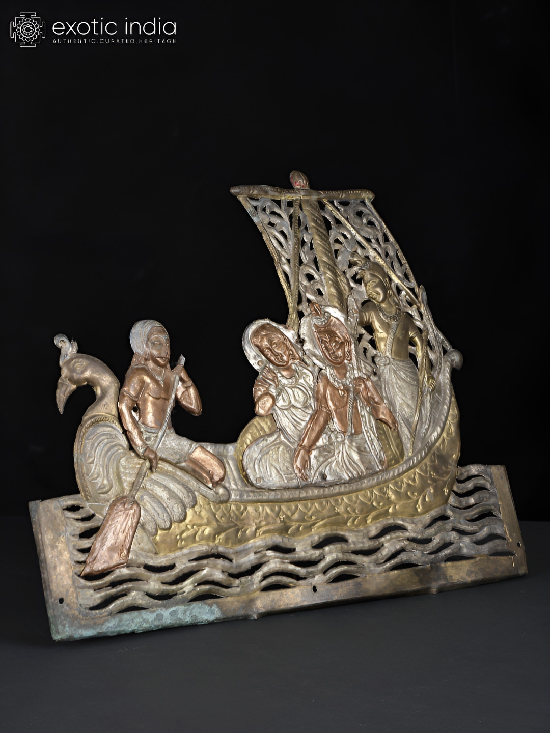 Exotic India Shri Ram, Sita and Lakshman in Kewat'S Boat Rose Gold Brass Metallic Prayer Room Medium Showpiece - 9.5 Inches