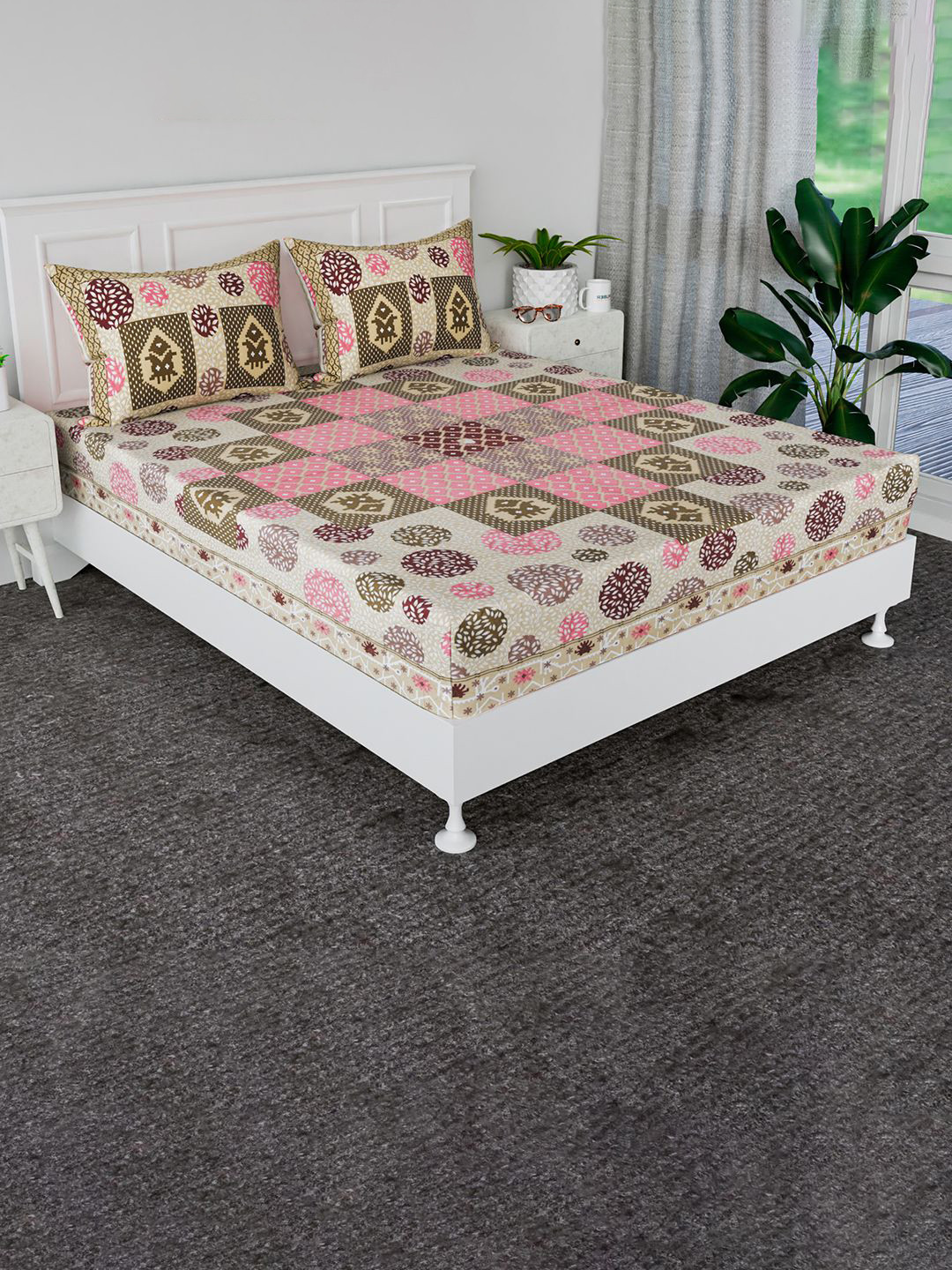 Kuber Industries Pink Floral Cotton Wrinkle Free 186 TC King Bedsheet with 2 Pillow Covers-272 x 255 cm