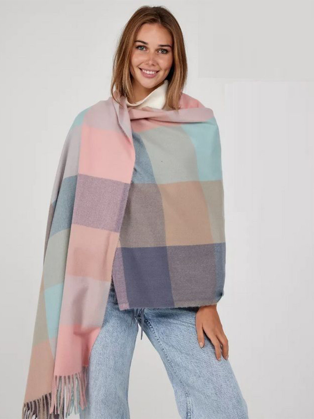 Alexvyan Women Winter Checked Large Warm Fringed Woolen Soft Wrap & Stoles