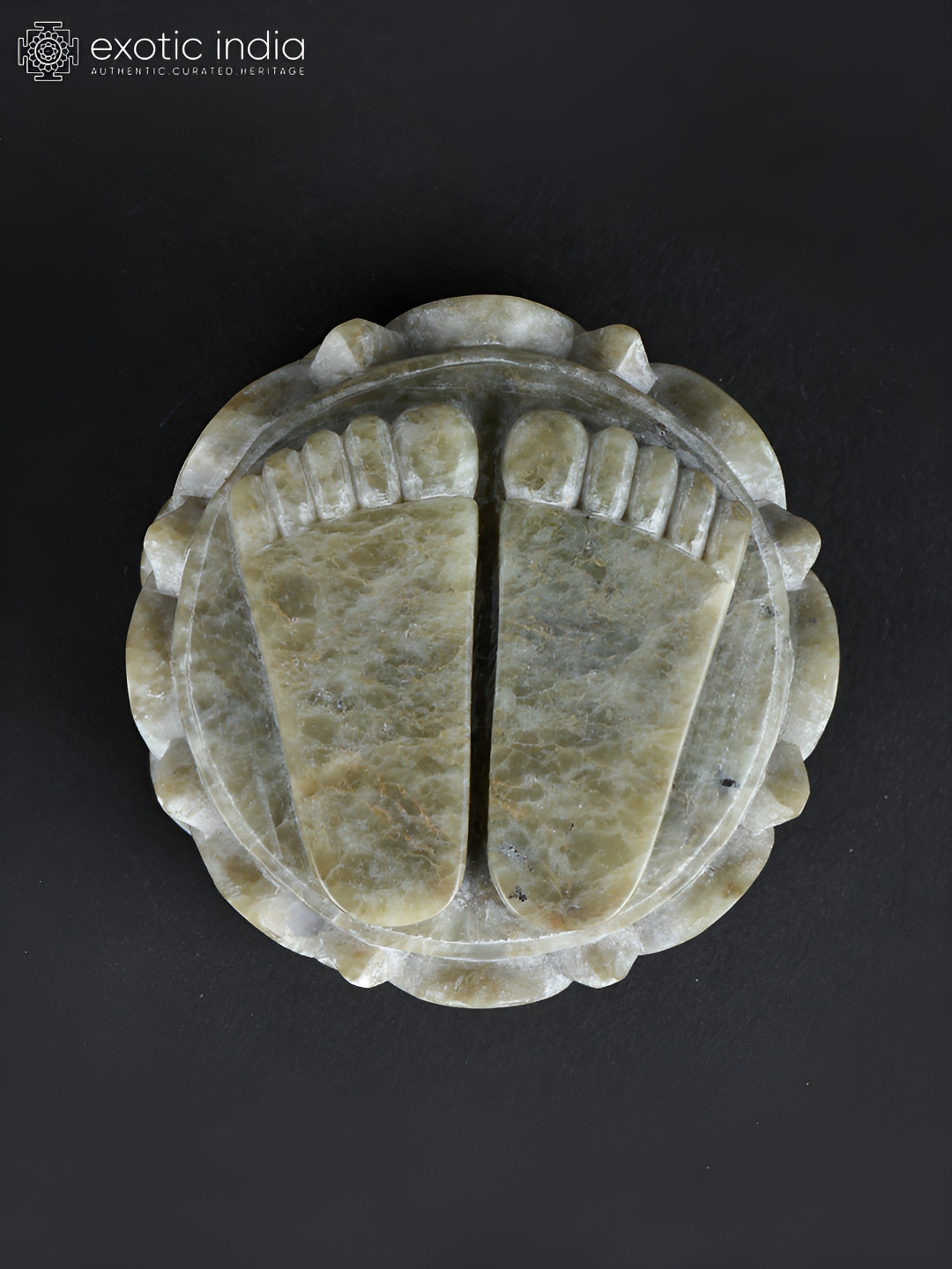 Exotic India Charan Paduka on Lotus Pedestal Brown Stone Natural Living Room Hand-Crafted Small Showpiece - 1.5 Inches