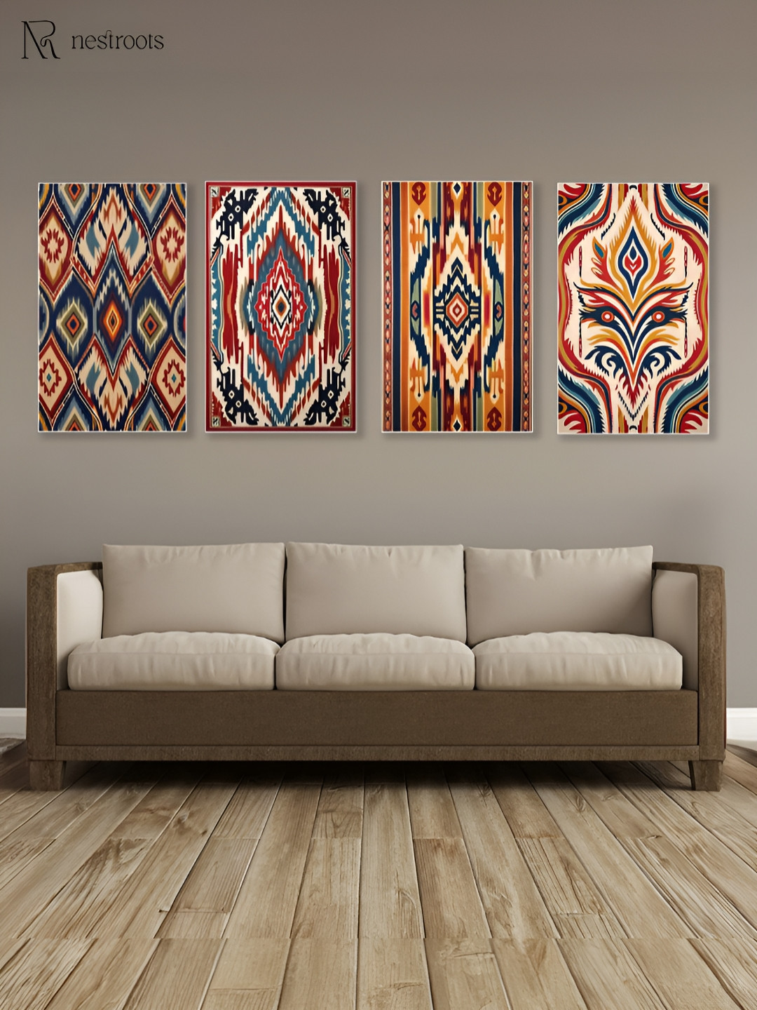 nestroots Navy Blue & Brown 4 Piece Tribal Pattern Canvas Painting Wall Art