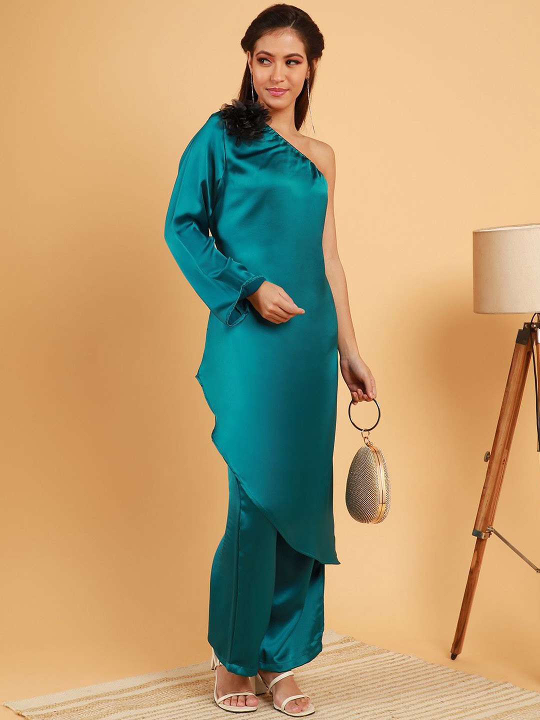 QISSA Floral Green One Shoulder Neck Long Sleeve Top With Trouser Co-Ord Set