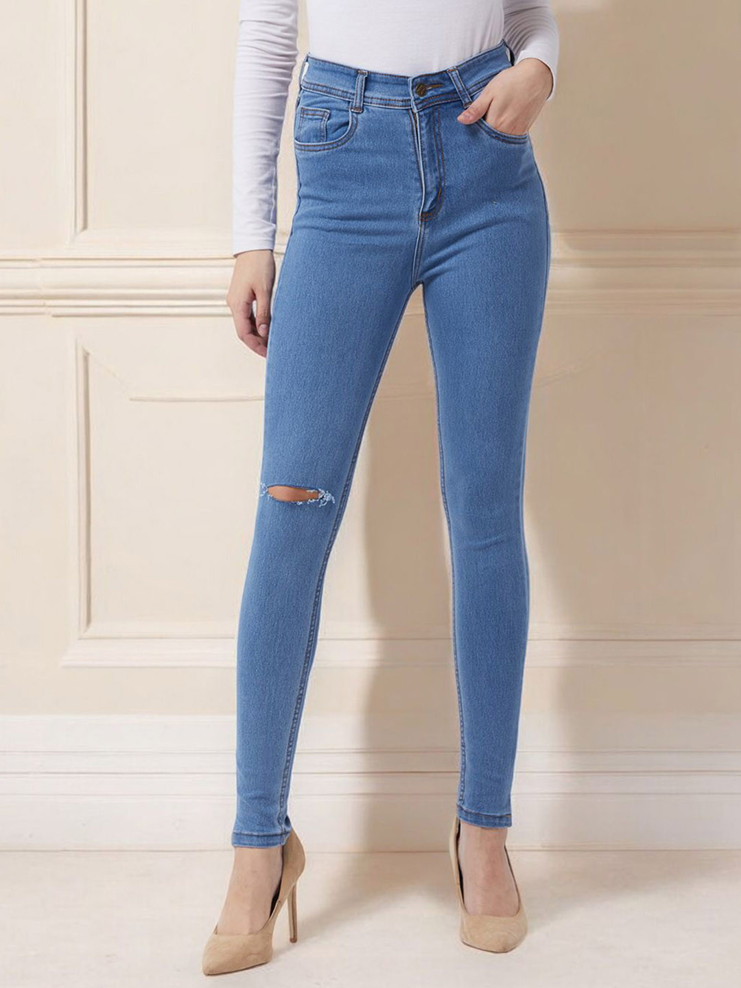 Miss Chase Women Skinny Fit Slash Knee High-Rise Bloom High Waist Stretchable Jeans
