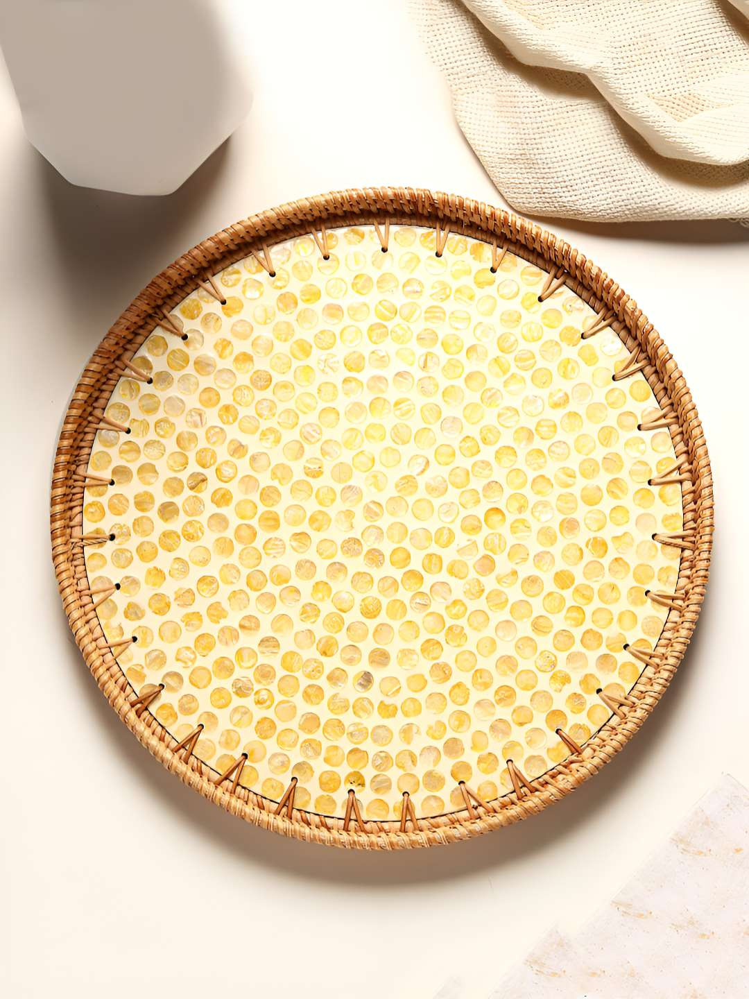 HABERE INDIA Bohemian Yellow Bamboo Serving Tray