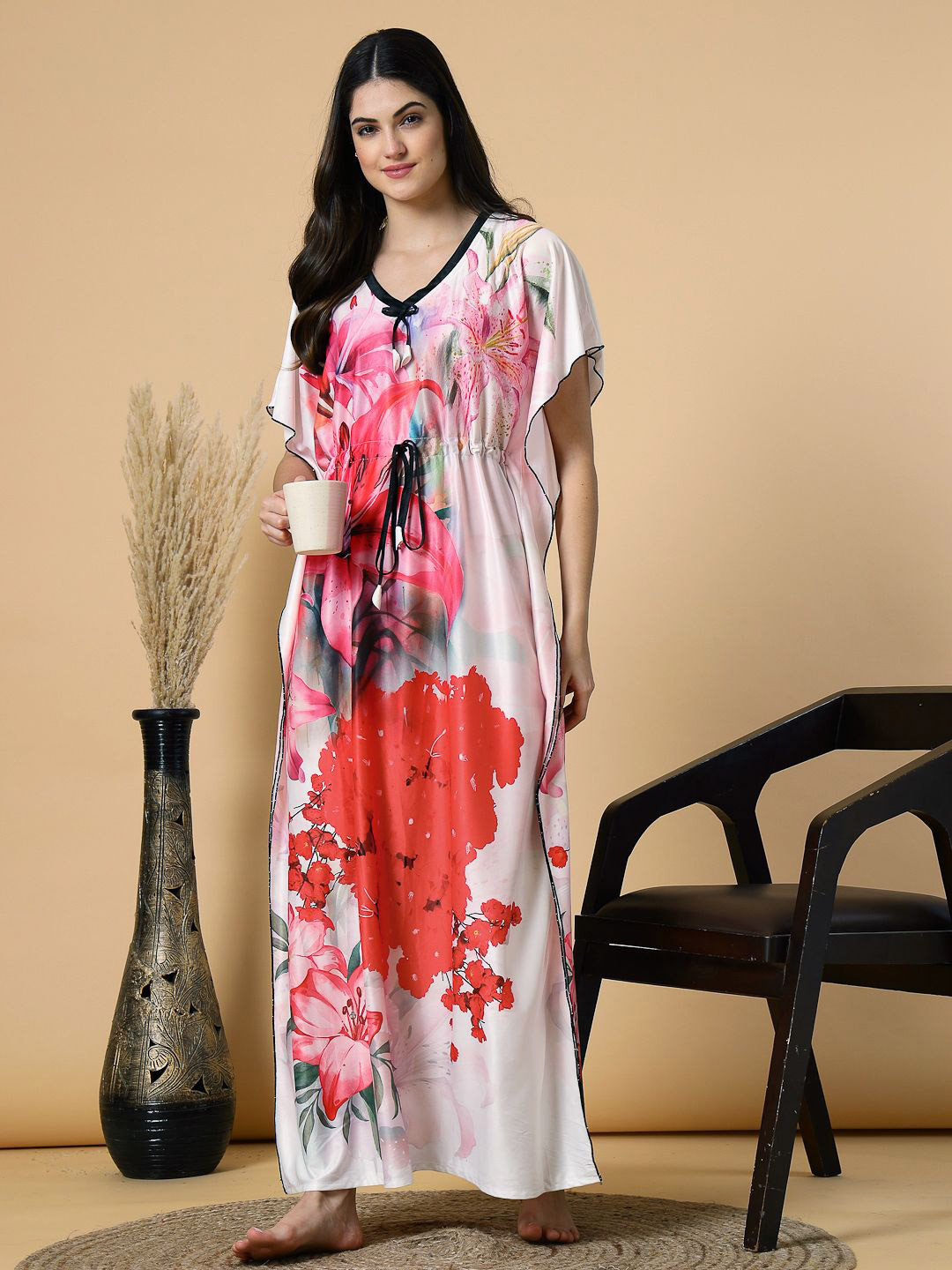 FABINALIV Women Pink & Red Floral Graphic Printed V-Neck Kaftan Nightdress
