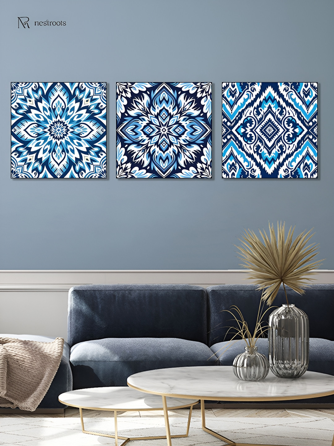 nestroots Tile White & Blue 3 Pieces Canvas Paintings Wall Arts