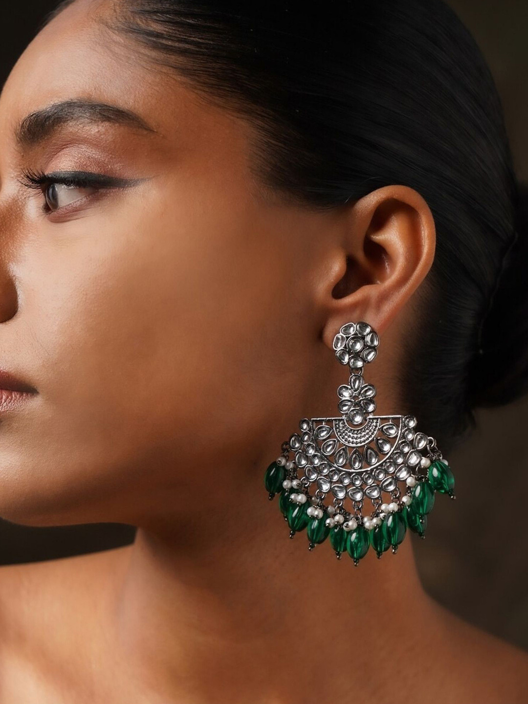 ABDESIGNS Silver-Plated German Silver Classic Stone Studded & Beaded Drop Earrings