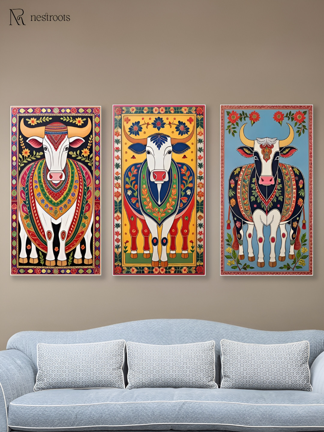 nestroots Yellow & Blue 3 Piece Sacred Indian Cow Canvas Painting Wall Art