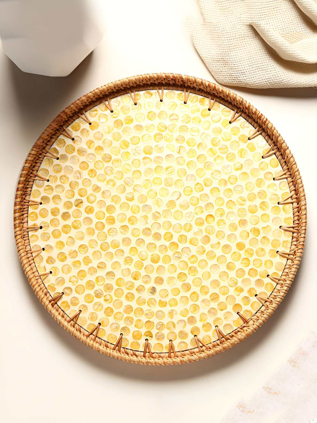 HABERE INDIA Bohemian Yellow Bamboo Serving Tray