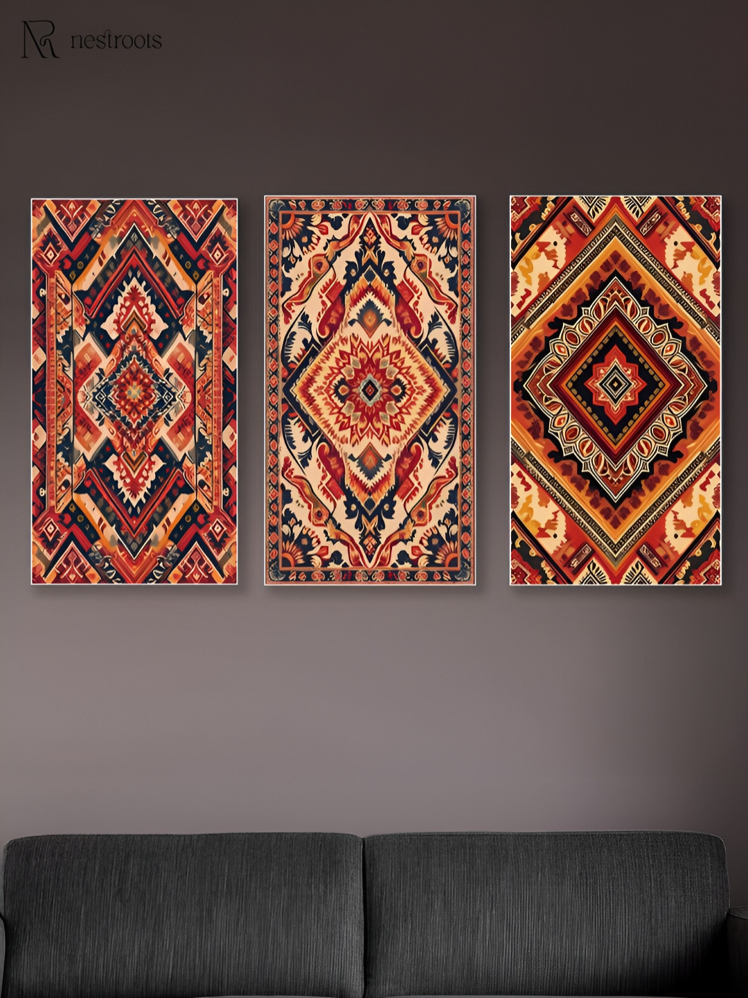 nestroots Red & Cream 3 Pieces Southwestern Geometric Printed Canvas Wall Art