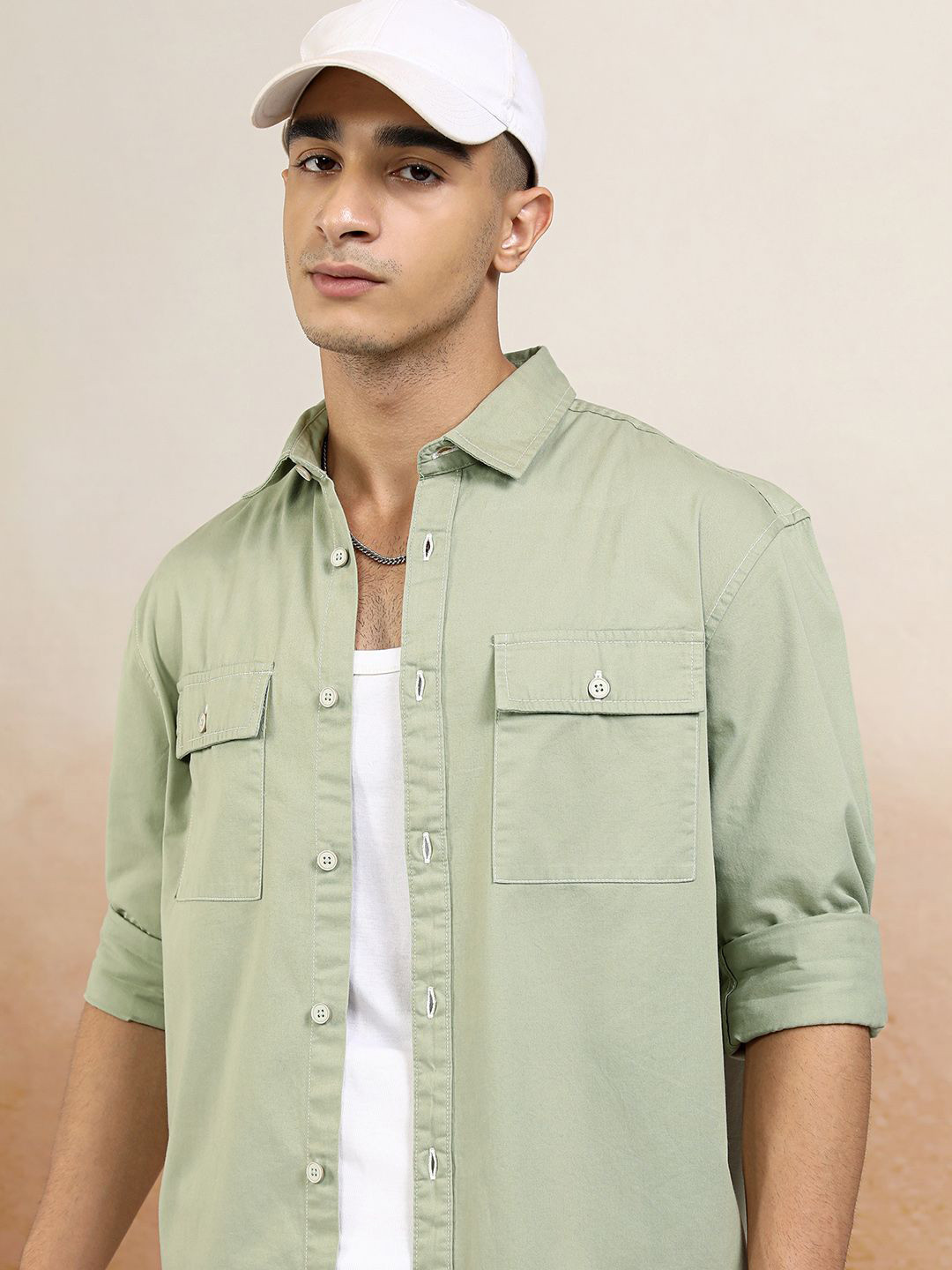 Highlander Men Contrast Stitched Utility Pocket Relaxed Shirt