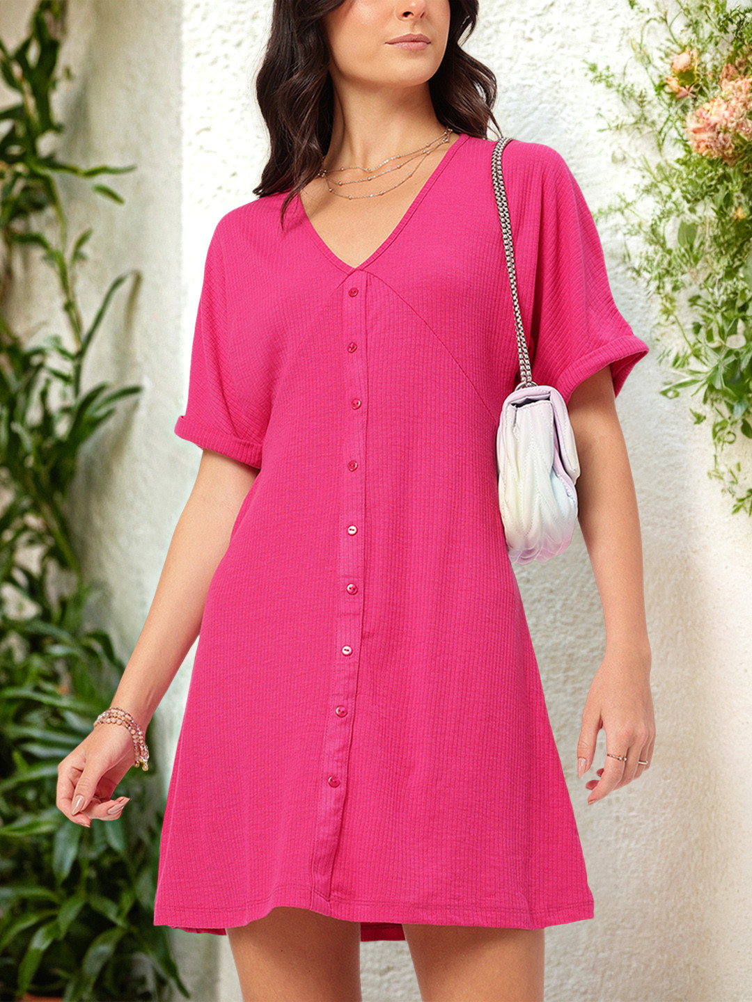 DressBerry Rib Knits Barbiecore Shirt-Style Dress