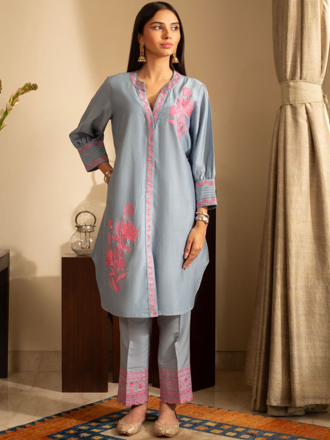 HOUSE OF INARI Floral Embroidered Thread Work Chanderi Silk A-Line Kurta With Trouser