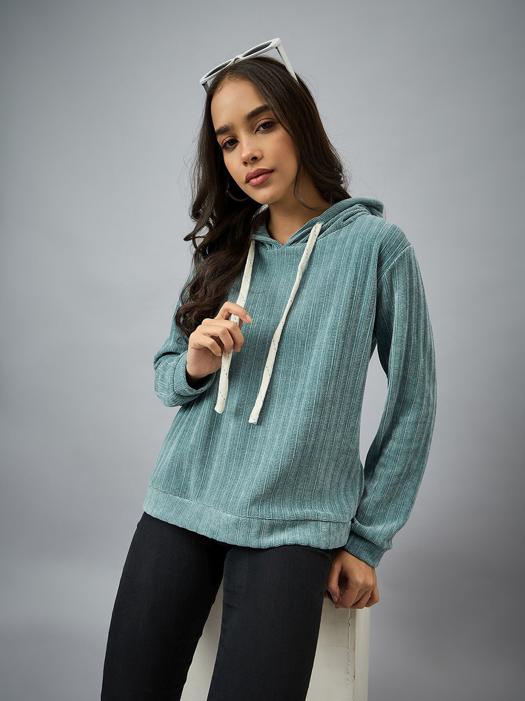 Club York Women Striped Long Sleeve Hooded Pullover Sweatshirt