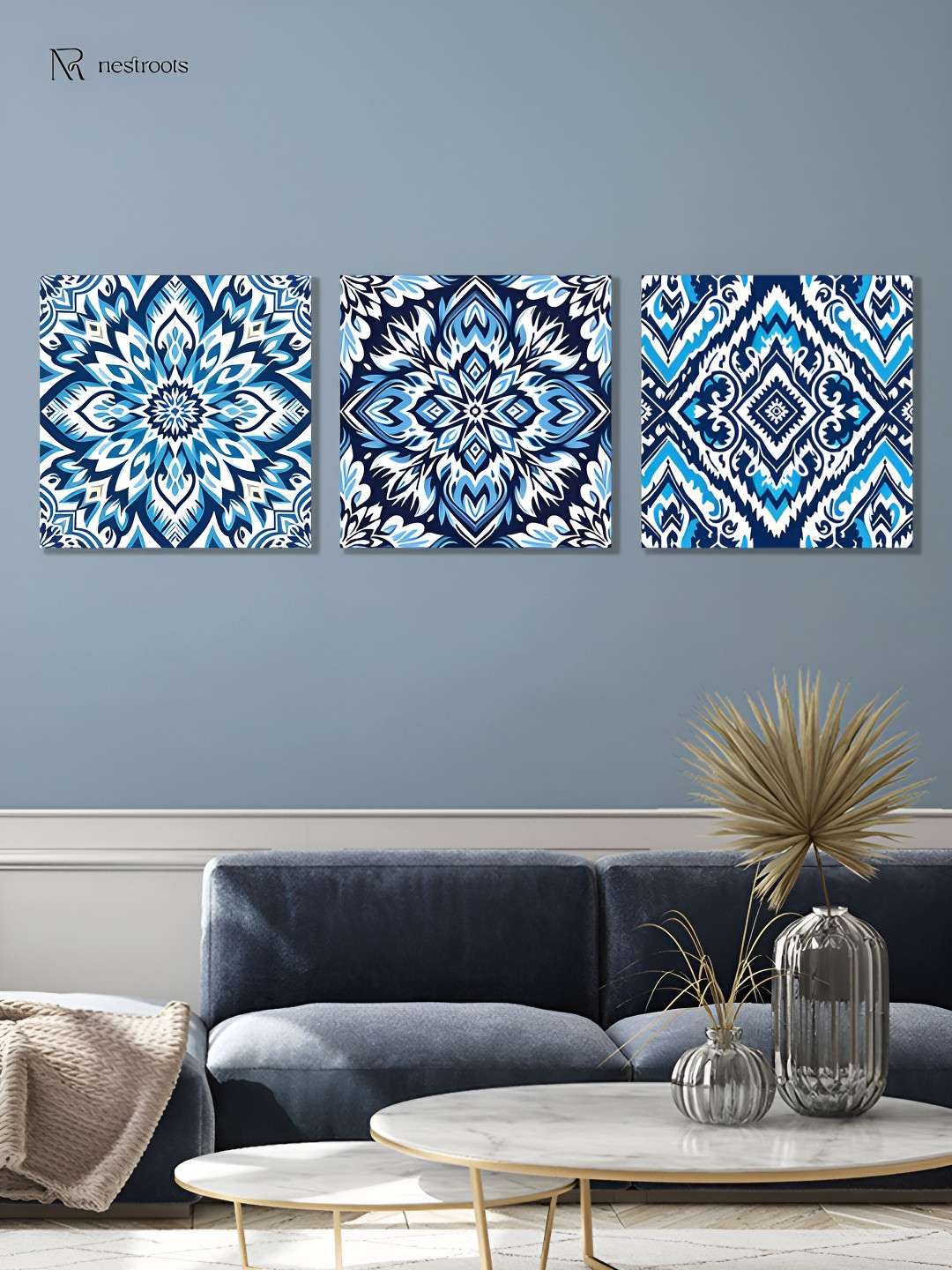 nestroots Tile White & Blue 3 Pieces Canvas Paintings Wall Arts