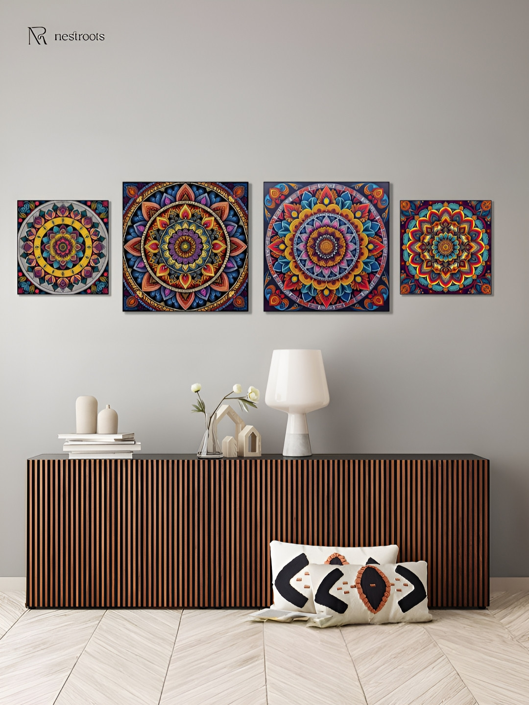 nestroots Elegant Black & Yellow Canvas Mandala Paintings Wall Arts