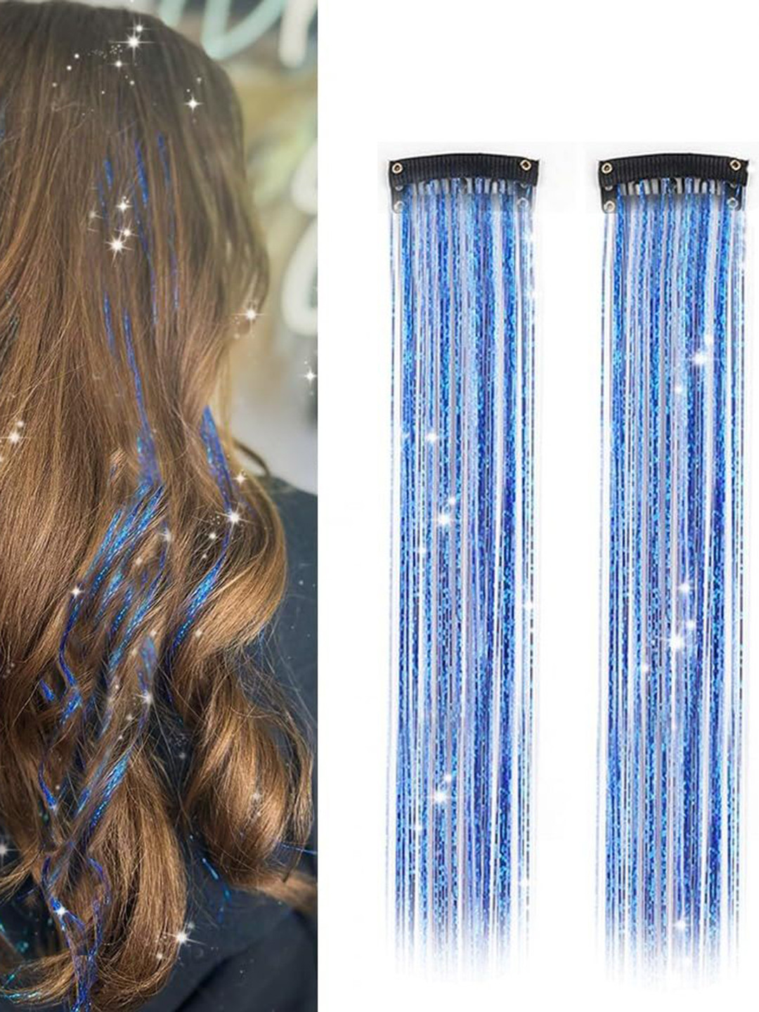 D-Divine 2Pcs Tinsel Clip-In Straight Coloured Strand Hair Extensions 50.8 cm - Blue