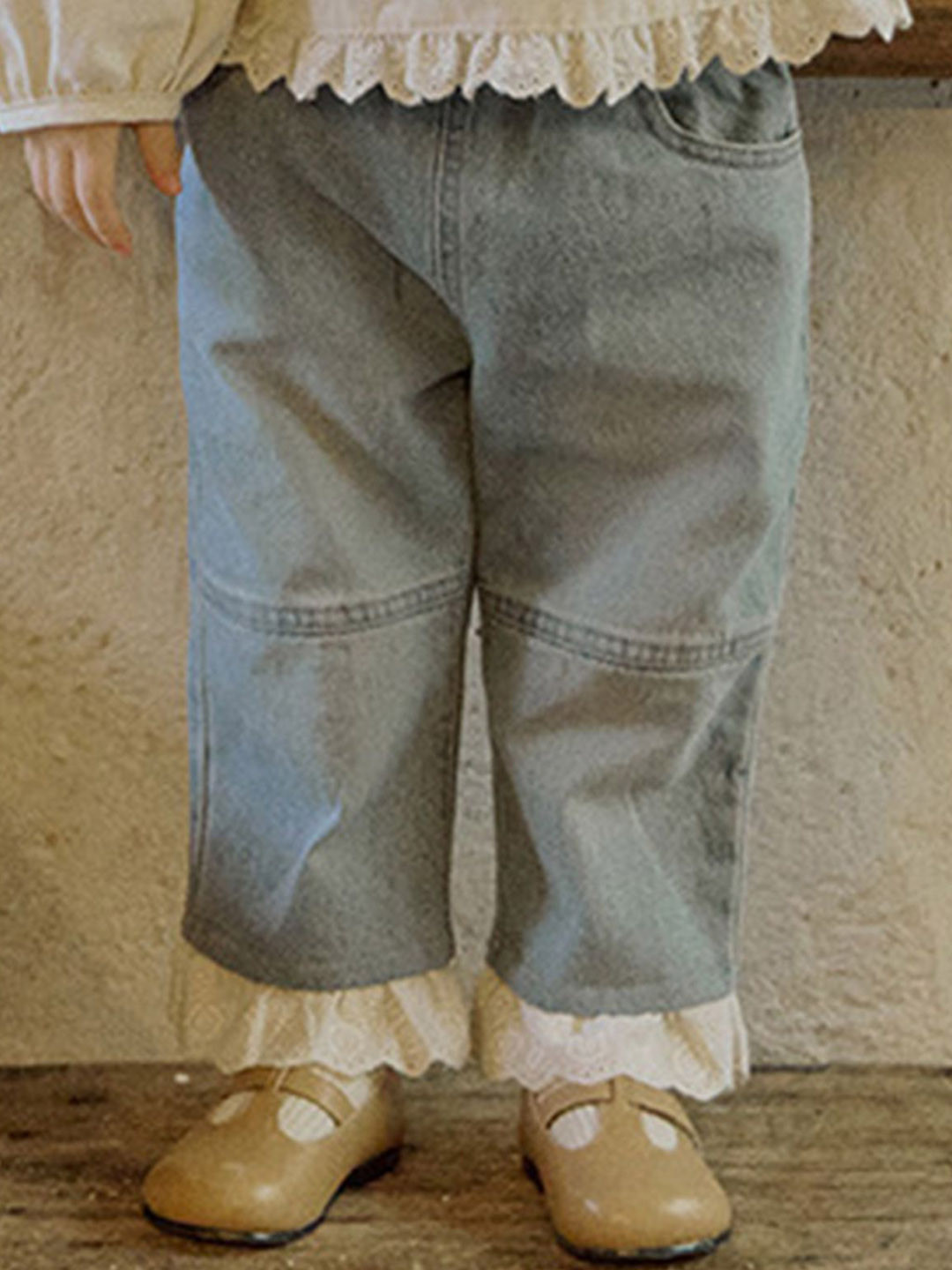 LULU & SKY Girls Straight Fit High-Rise Low Distress Lace Hem Light Fade Jeans