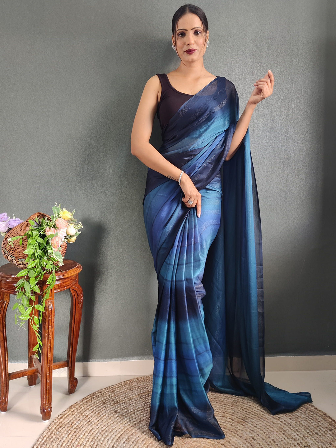V3 FASHION STUDIO Striped Ready to Wear Satin Saree