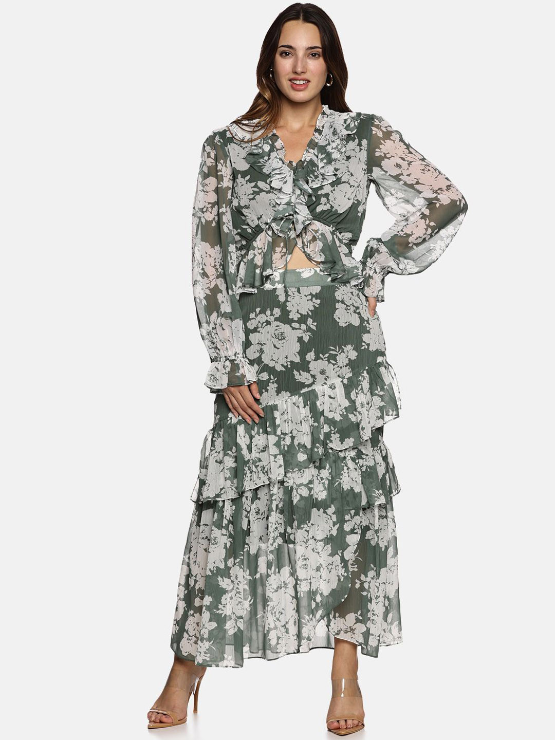 ISU Floral Printed Ruffle Flared Maxi Skirts