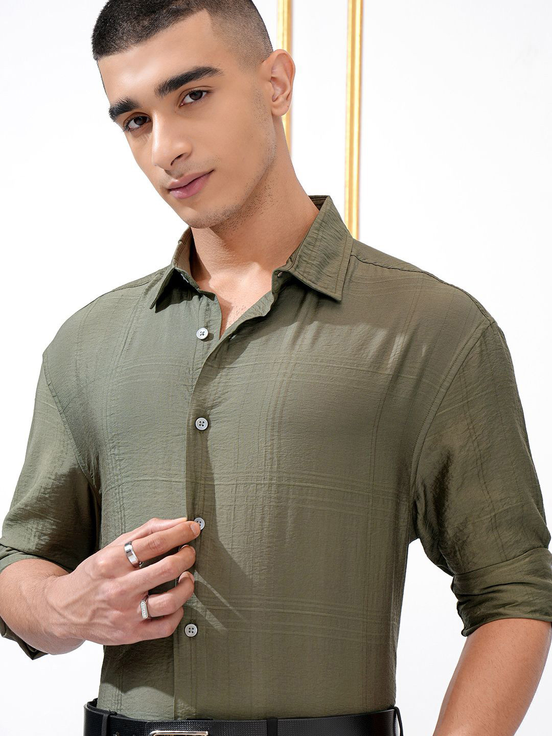 Highlander Men Olive Jacquard Textured Slim Fit Checked Shirt