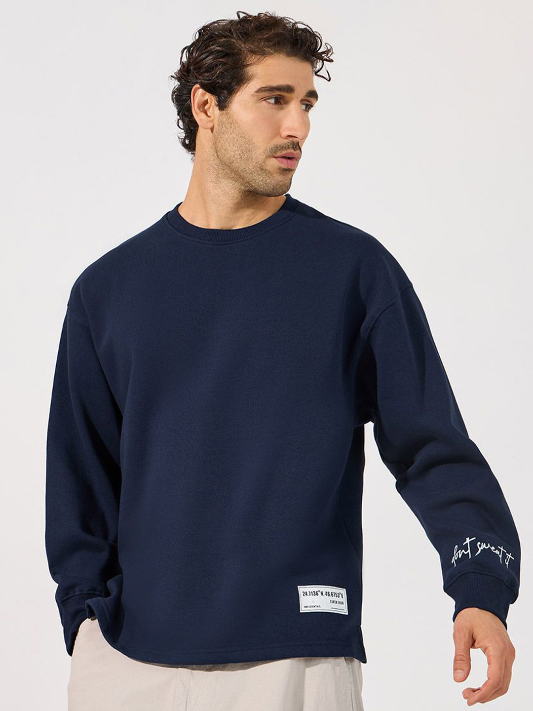 Styli Men Sleeve Print Longline Boxy Sweashirt With Slide Slits