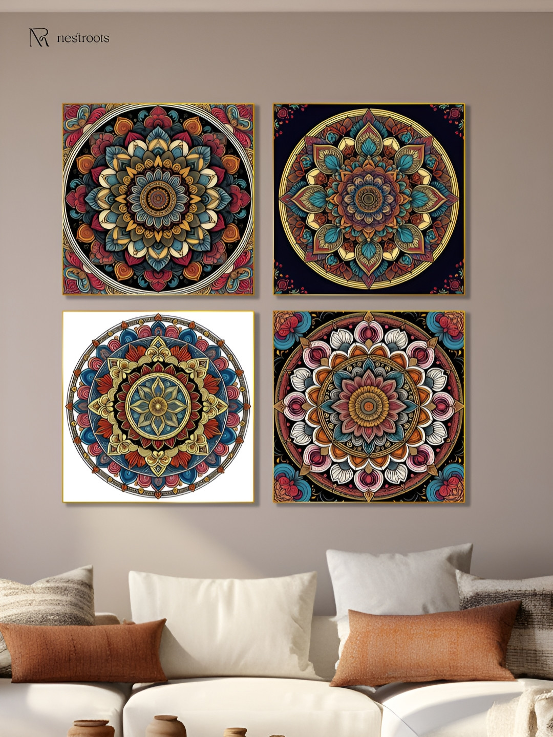 nestroots Vibrant Floral Circle Black & Blue 4 Pieces Printed Canvas Wall Art