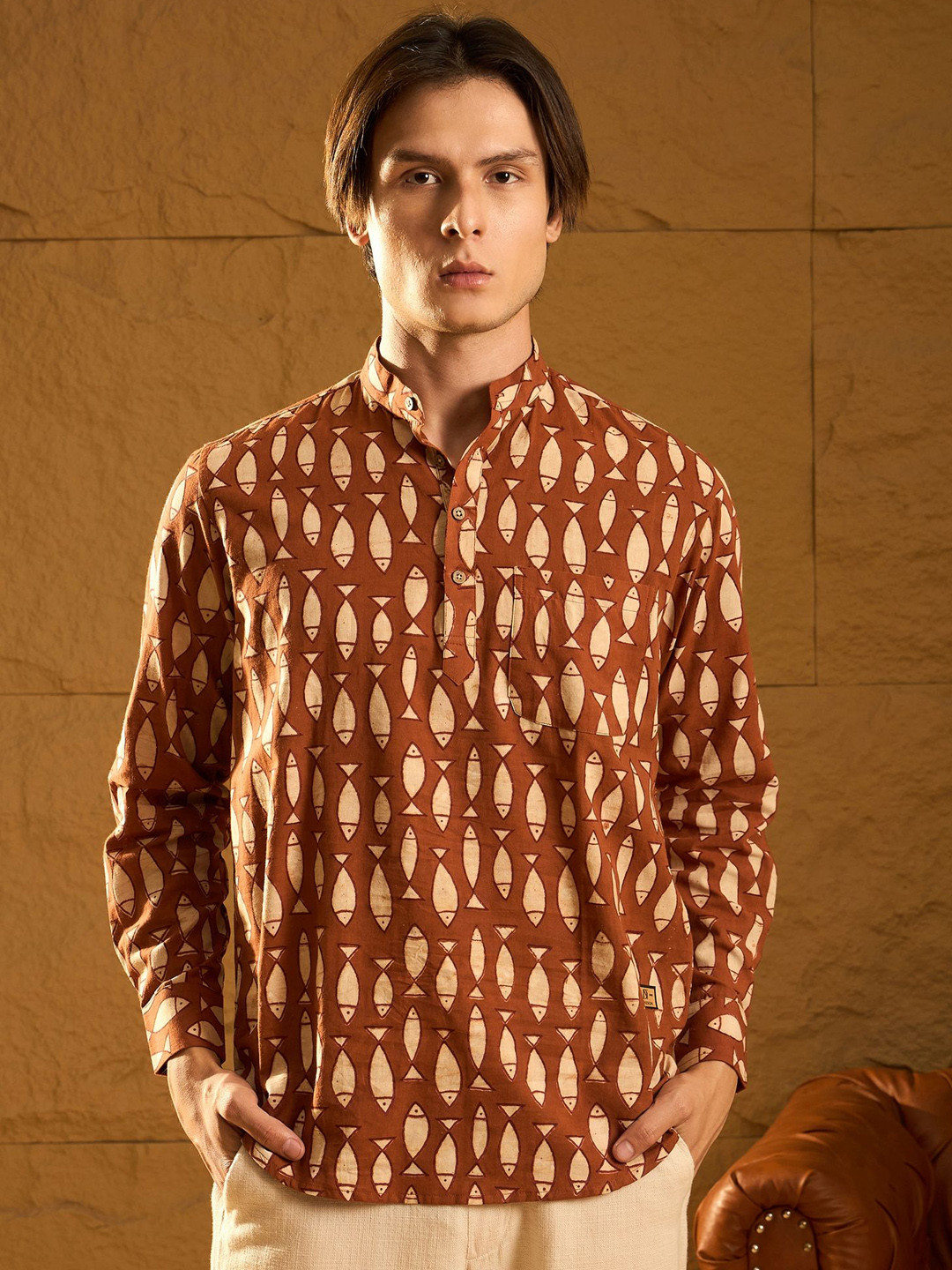 DENNISON Fish Block Printed Cotton Short Kurta