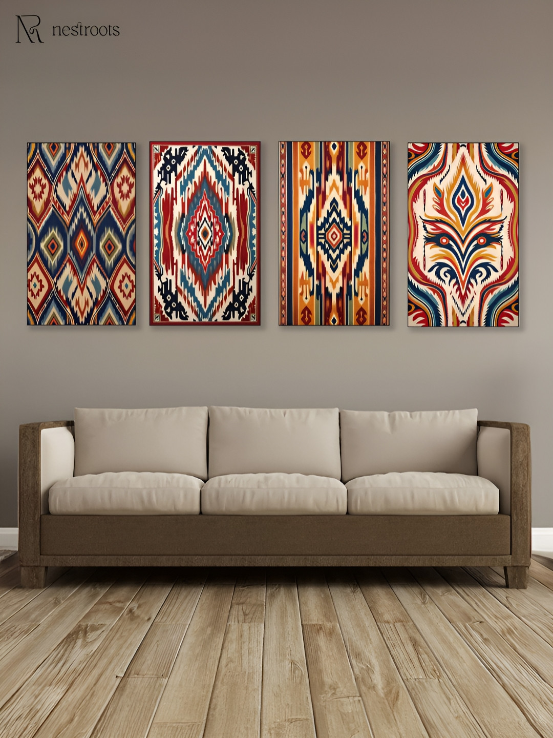 nestroots Vibrant Tribal Blue & Red 4 Pieces Printed Canvas Wall Art