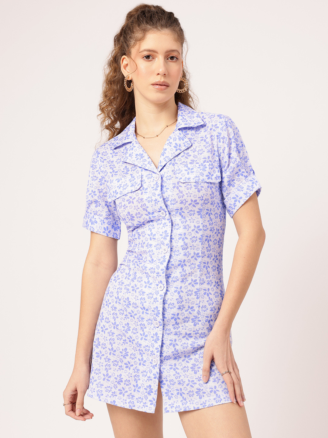 DressBerry Floral Print Pocket Detail Mini Shirt Dress