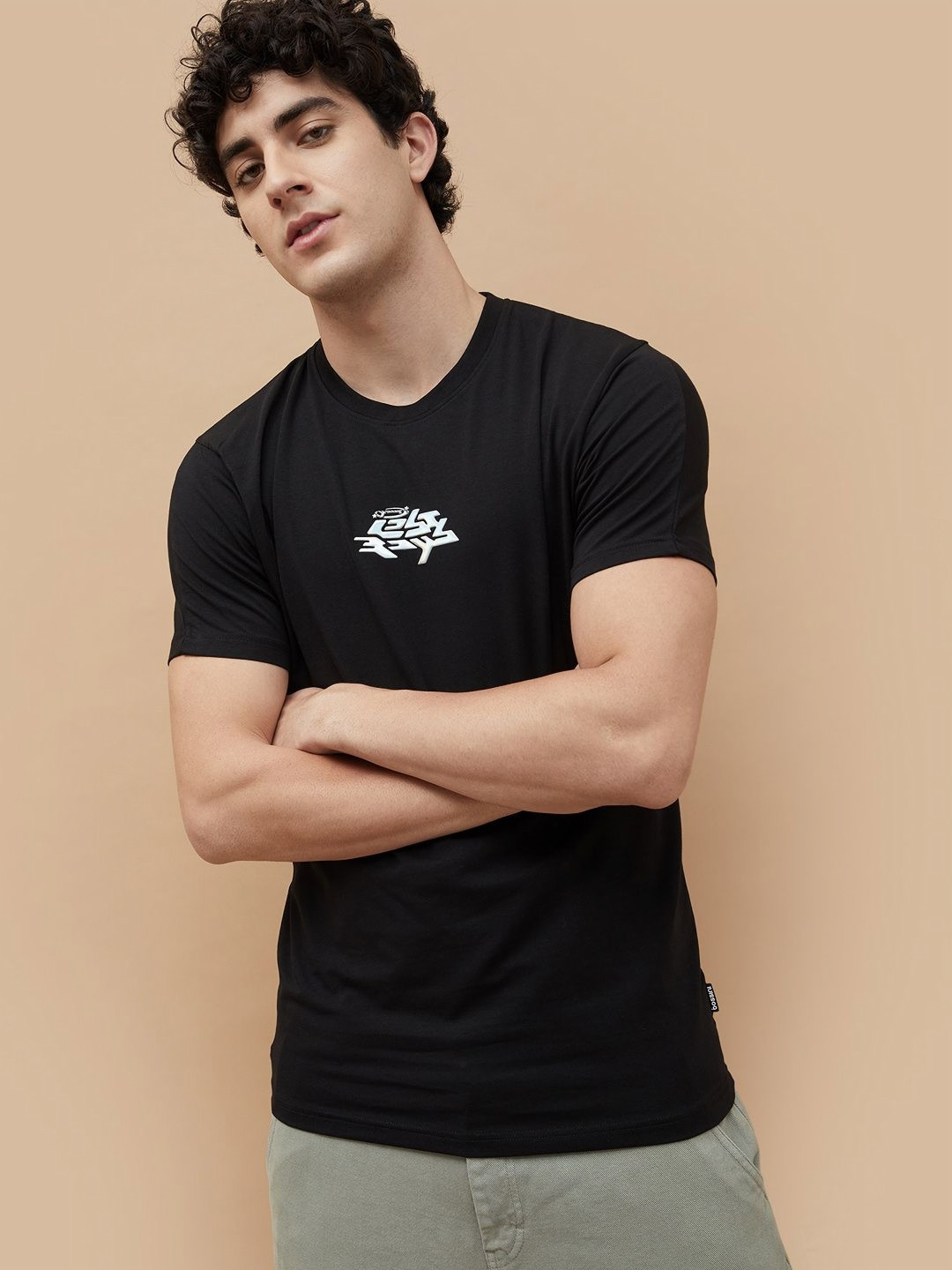 Bossini Men Printed Indigo Applique T-shirt