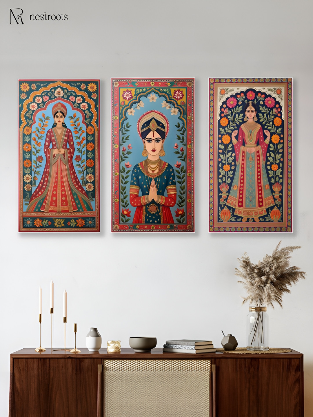 nestroots ElegantIndian Woman Canvas 3 Piece Rectangle Paintings Wall Art - 48 x 24In