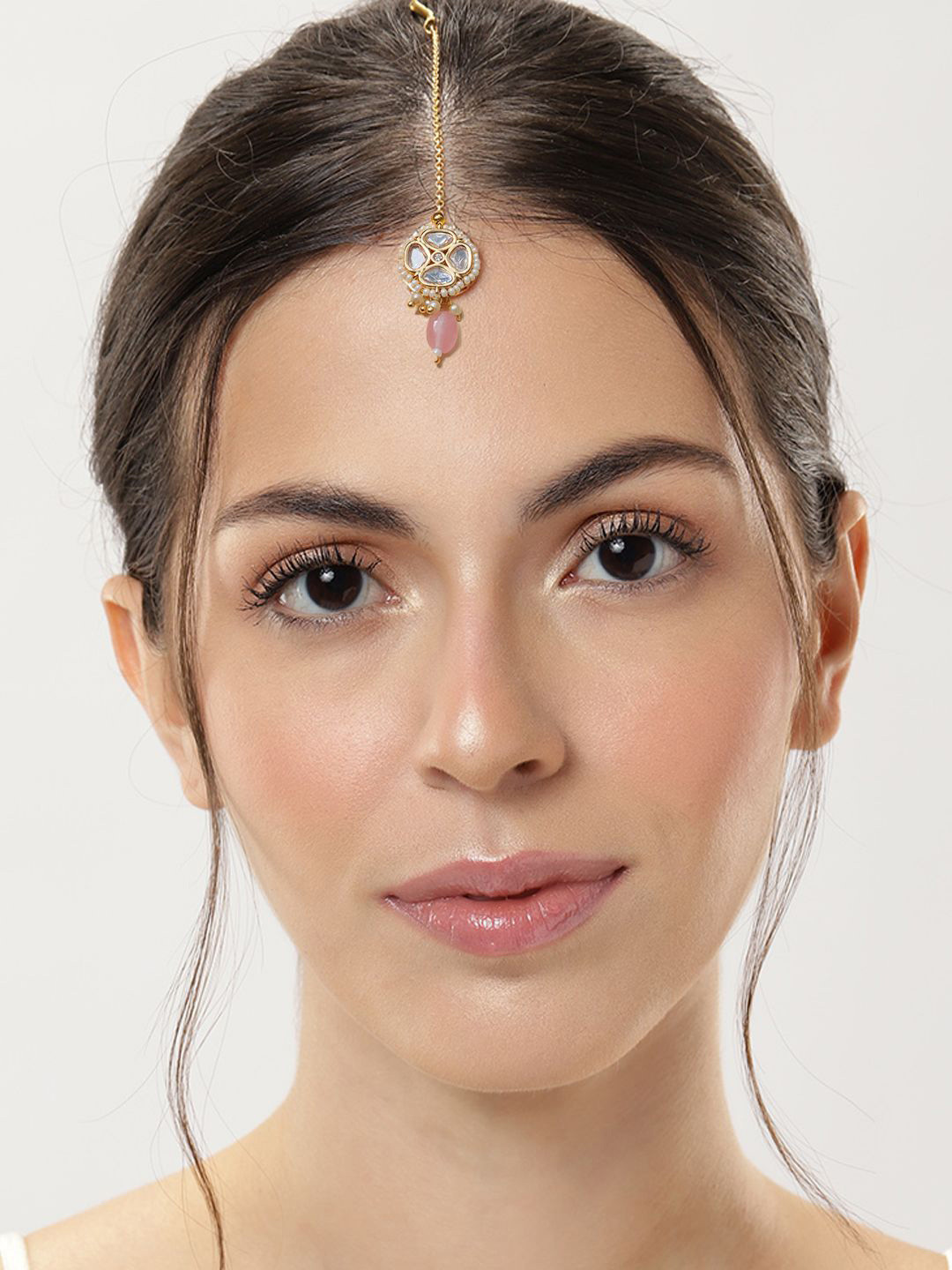 ABDESIGNS Gold-Plated Polki Kundan Studded and Beaded Maang Tikka