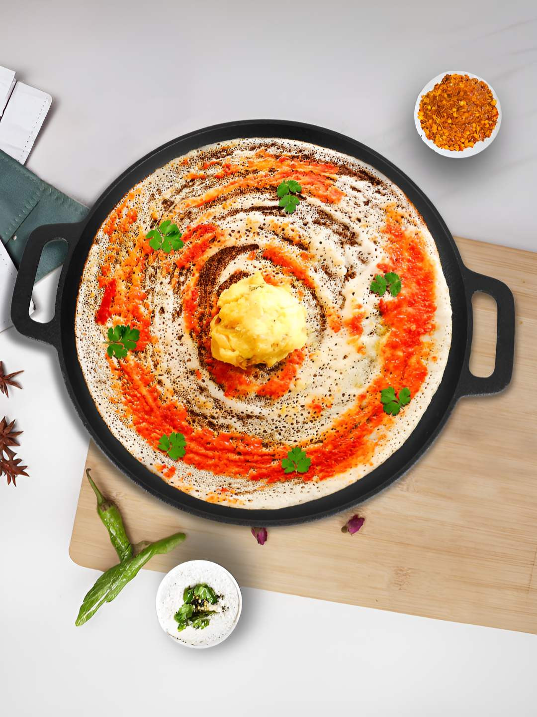 Solara Black Cast Iron Dosa Tawa with Handle 12 inch (30 CM)