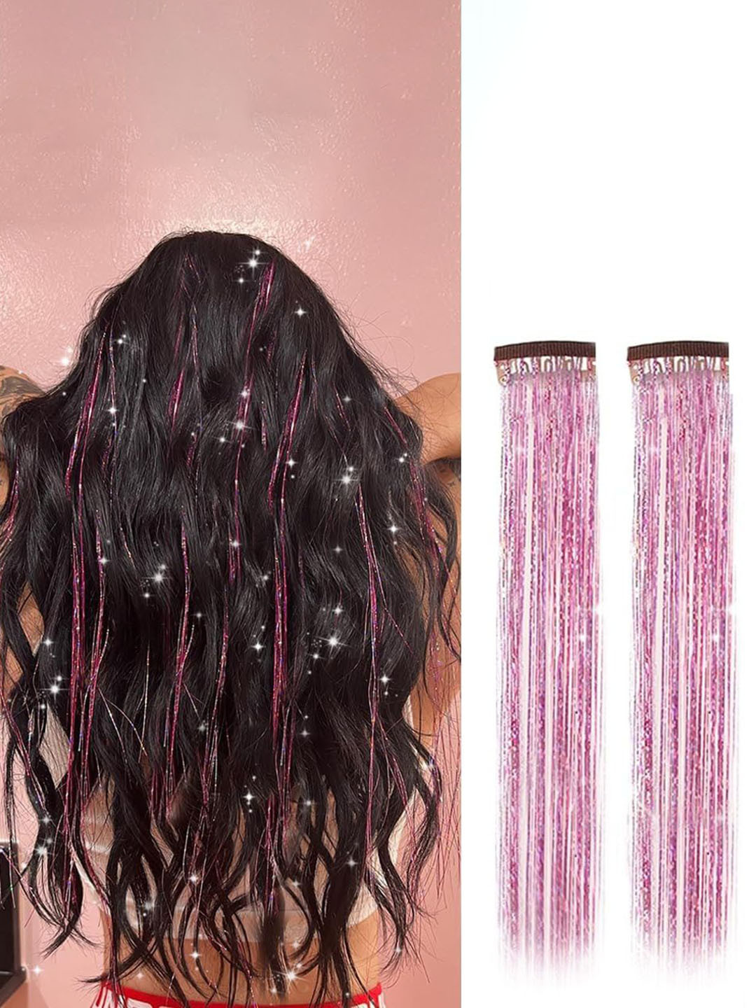 D-Divine Set Of 2 Clip In Straight Coloured Strand Tinsel Hair Extensions - Pink 20 Inches