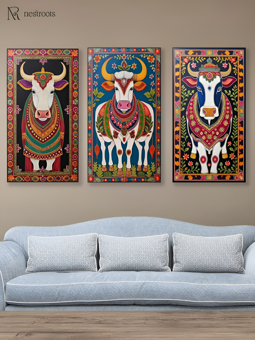 nestroots SacredIndian Cow Canvas 3 Pcs Wall Rectangle Paintings Wall Art - 30x24In