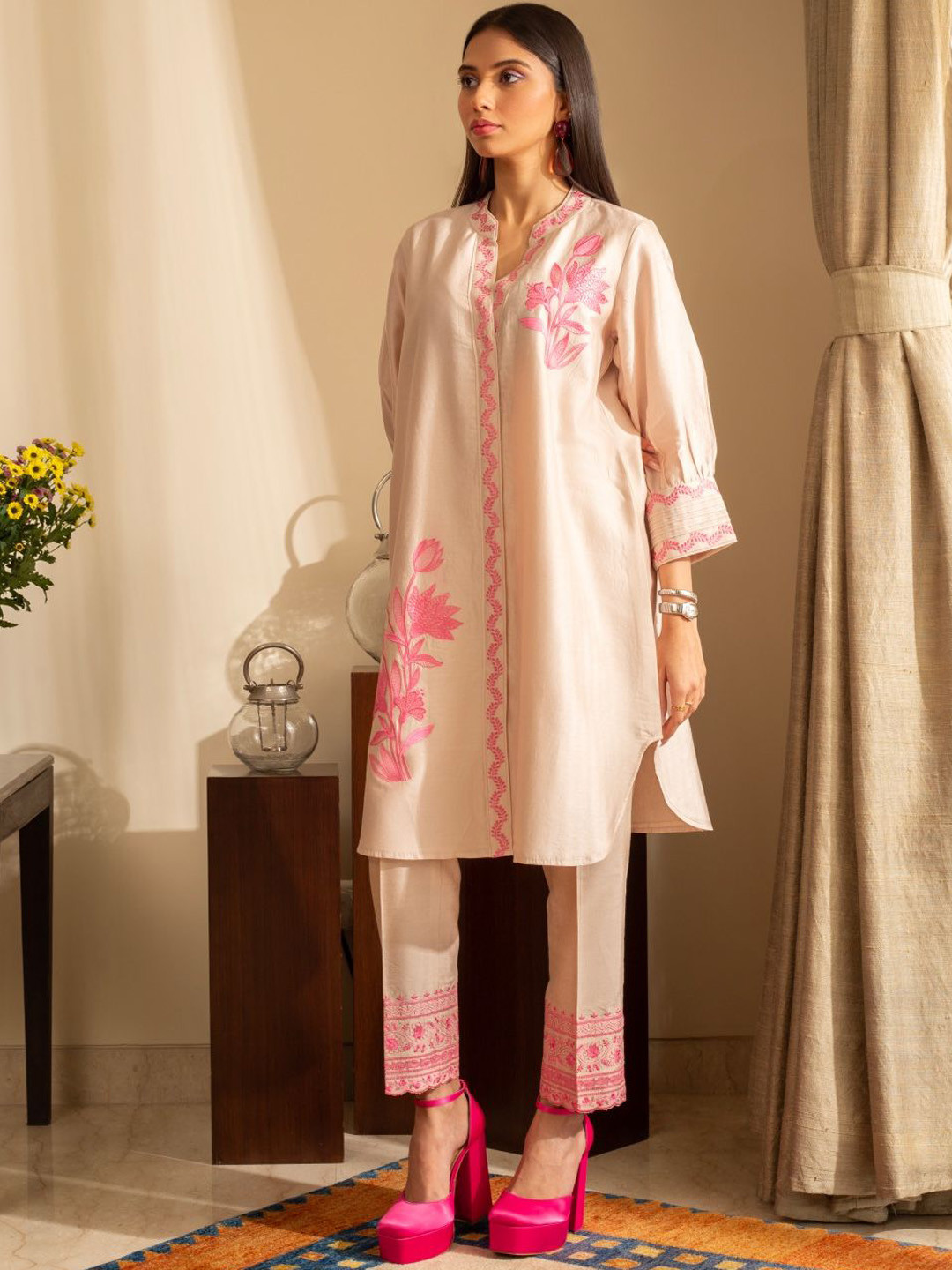 HOUSE OF INARI Floral Embroidered Thread Work Chanderi Silk A-Line Kurta With Trouser