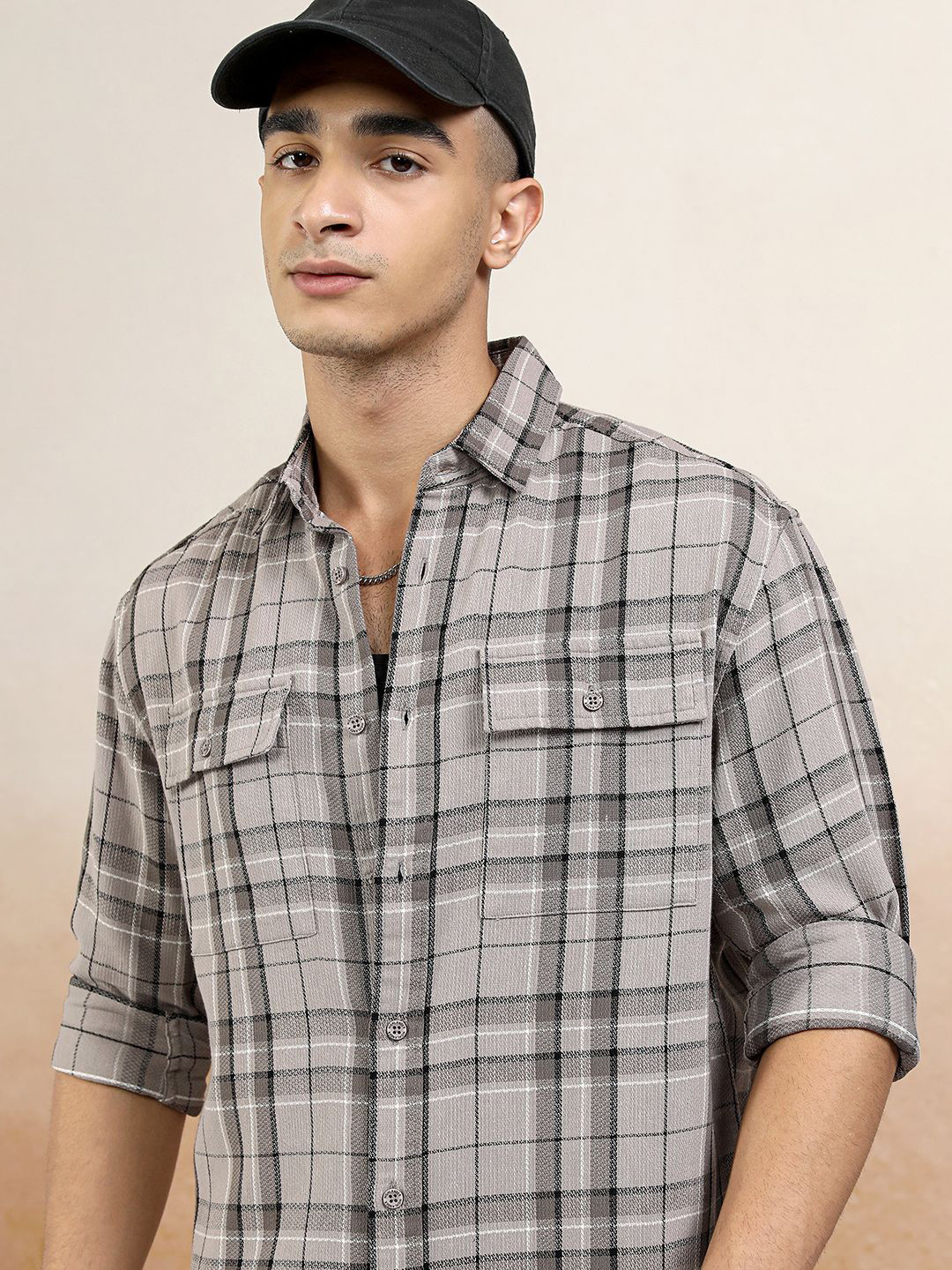 Highlander Men Tan Mocklino Dobby Textured Checked Utility Pocket Relaxed Shirt
