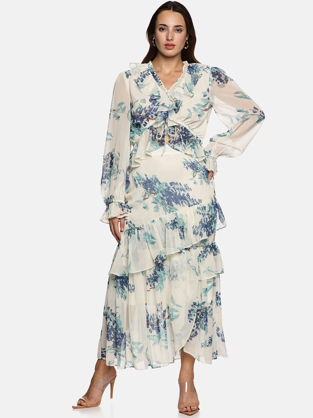 ISU Women Floral Printed Flared Ruffle Maxi Skirt