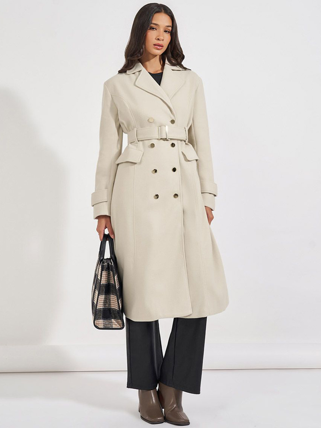 Styli Women Regular Fit Wool Like Double Breasted Belted Coat