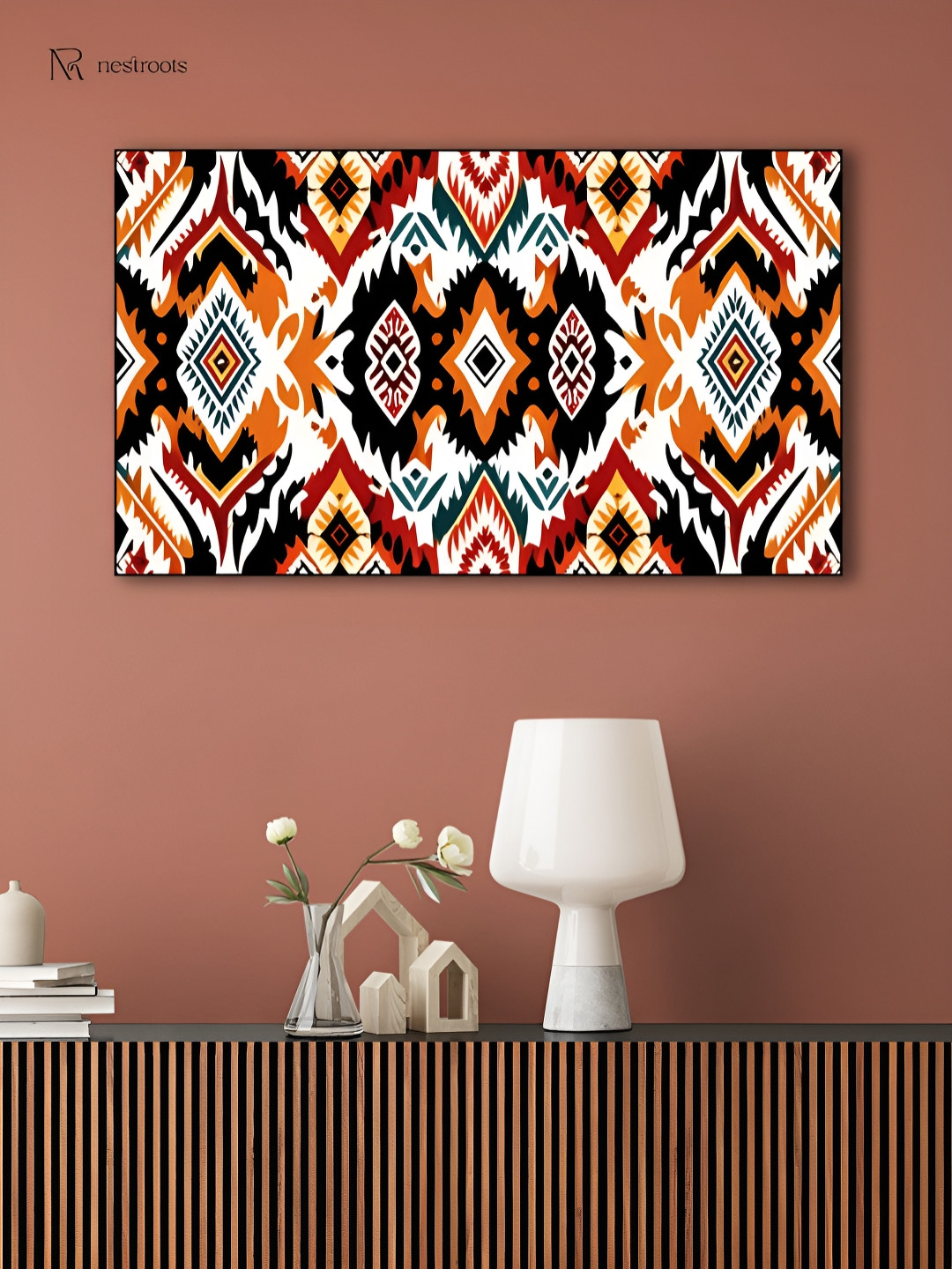 nestroots Red & White Ikat Printed Canvas Paintings Wall Arts