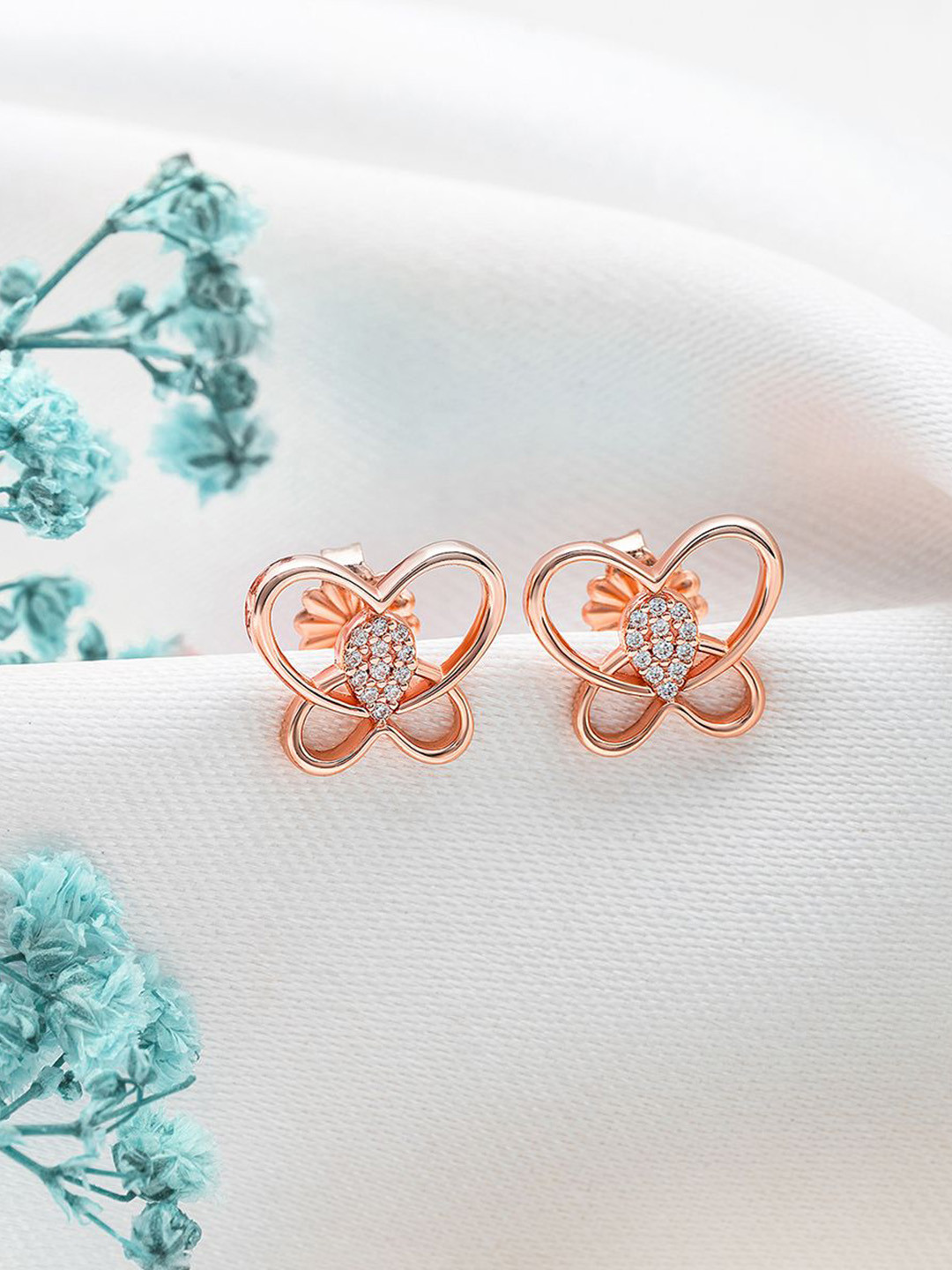 SILBERRY Rose Gold-Plated Silberry Sterling Silver CZ Delicate Butterfly Studs