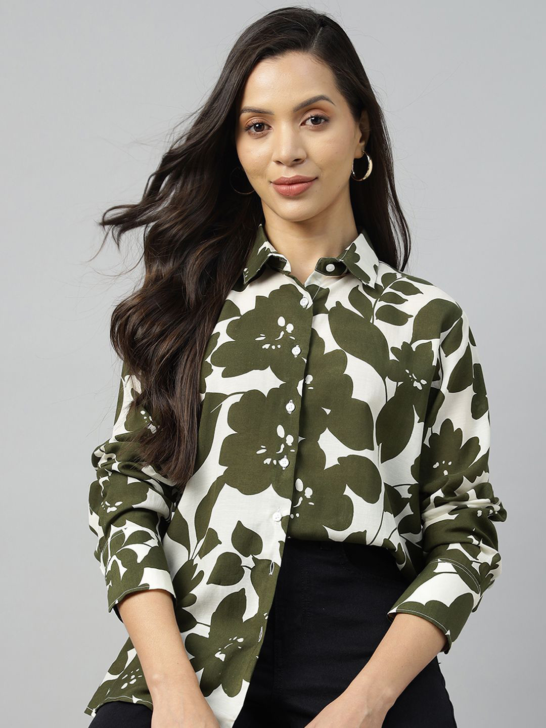 Hancock Women Comfort Spread Collar Floral Printed Relaxed Fit Casual Shirt
